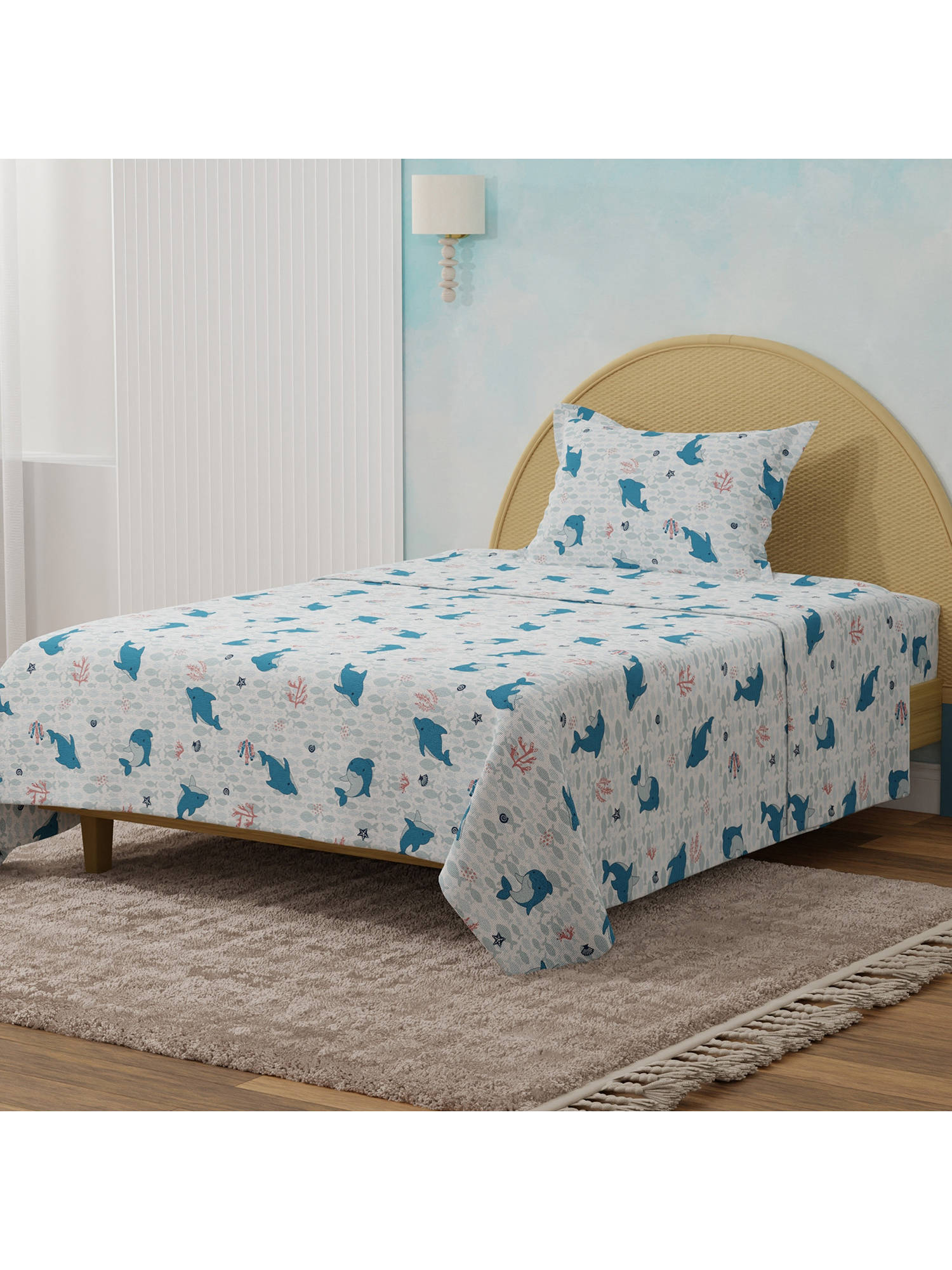 Boutique Living Rock N Room Blue & White Dolphin Printed Single Bedsheet With Pillow Cover
