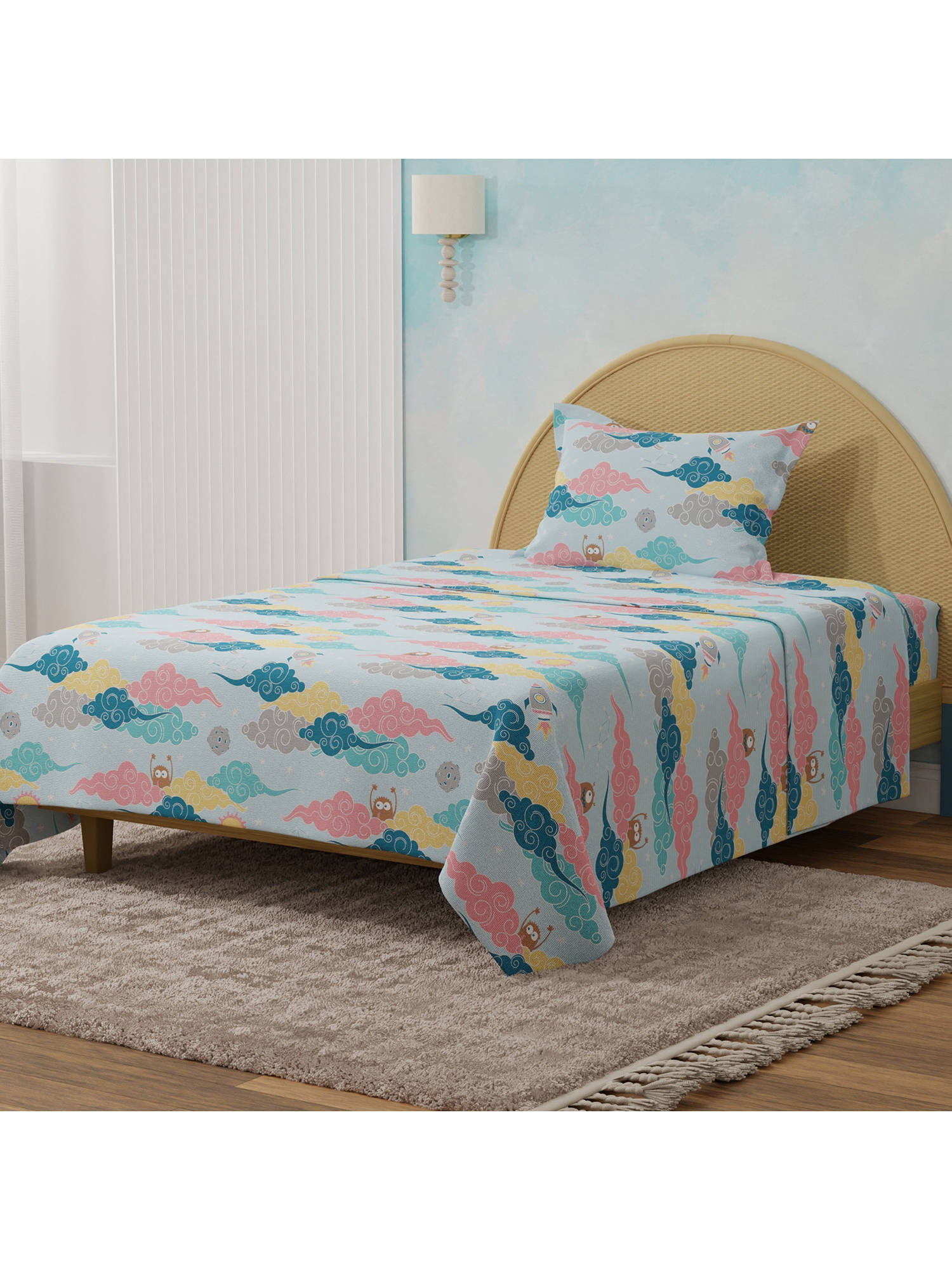Boutique Living Rock N Room Blue Space & Rocket Printed Single Bedsheet With Pillow Cover