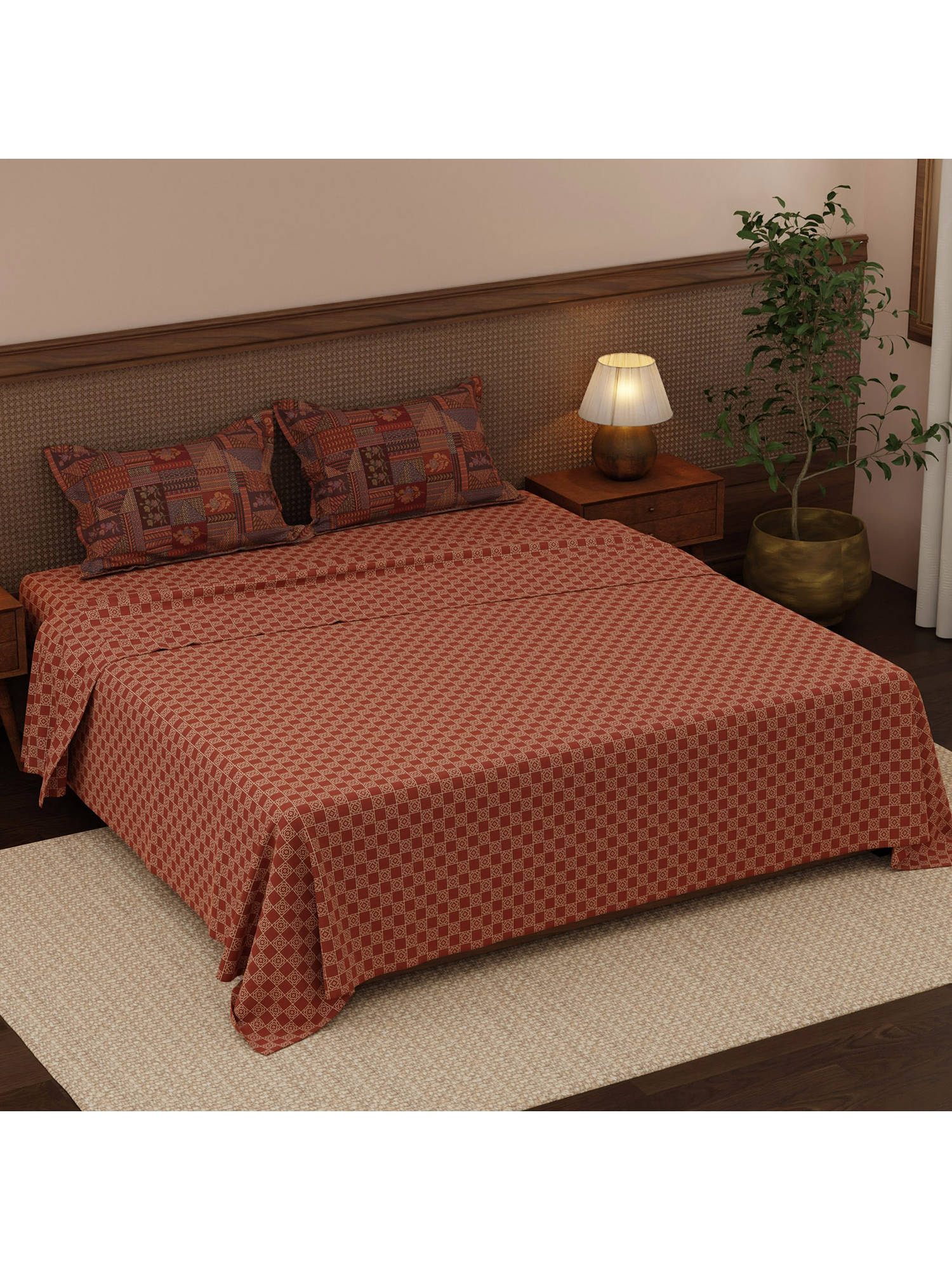 Boutique Living Heritage Walk Brown Ethnic Print King Bedsheet With Pillow Covers