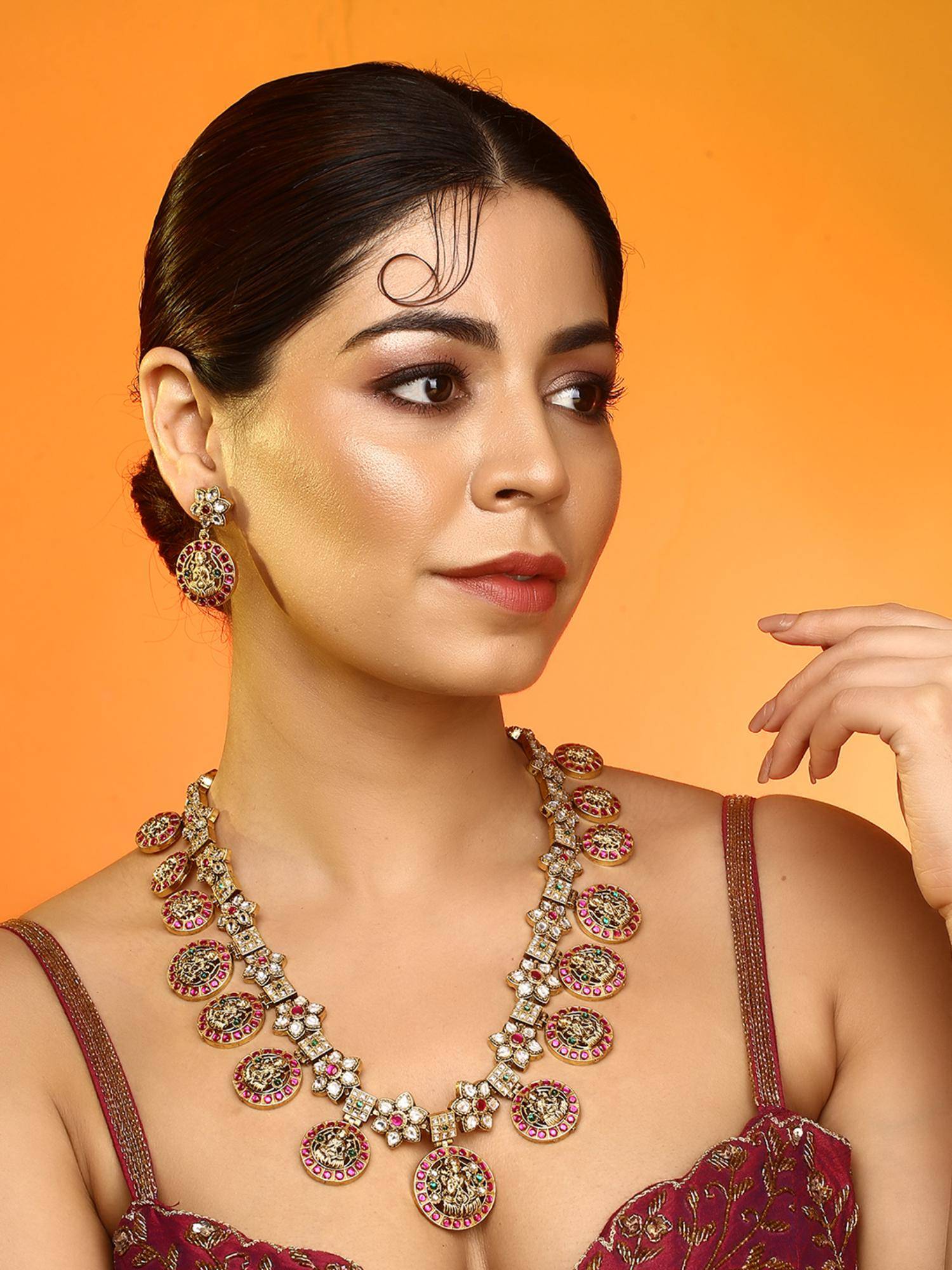 Auraa Trends Traditional Temple Lakshmi Coin Necklace with Earrings