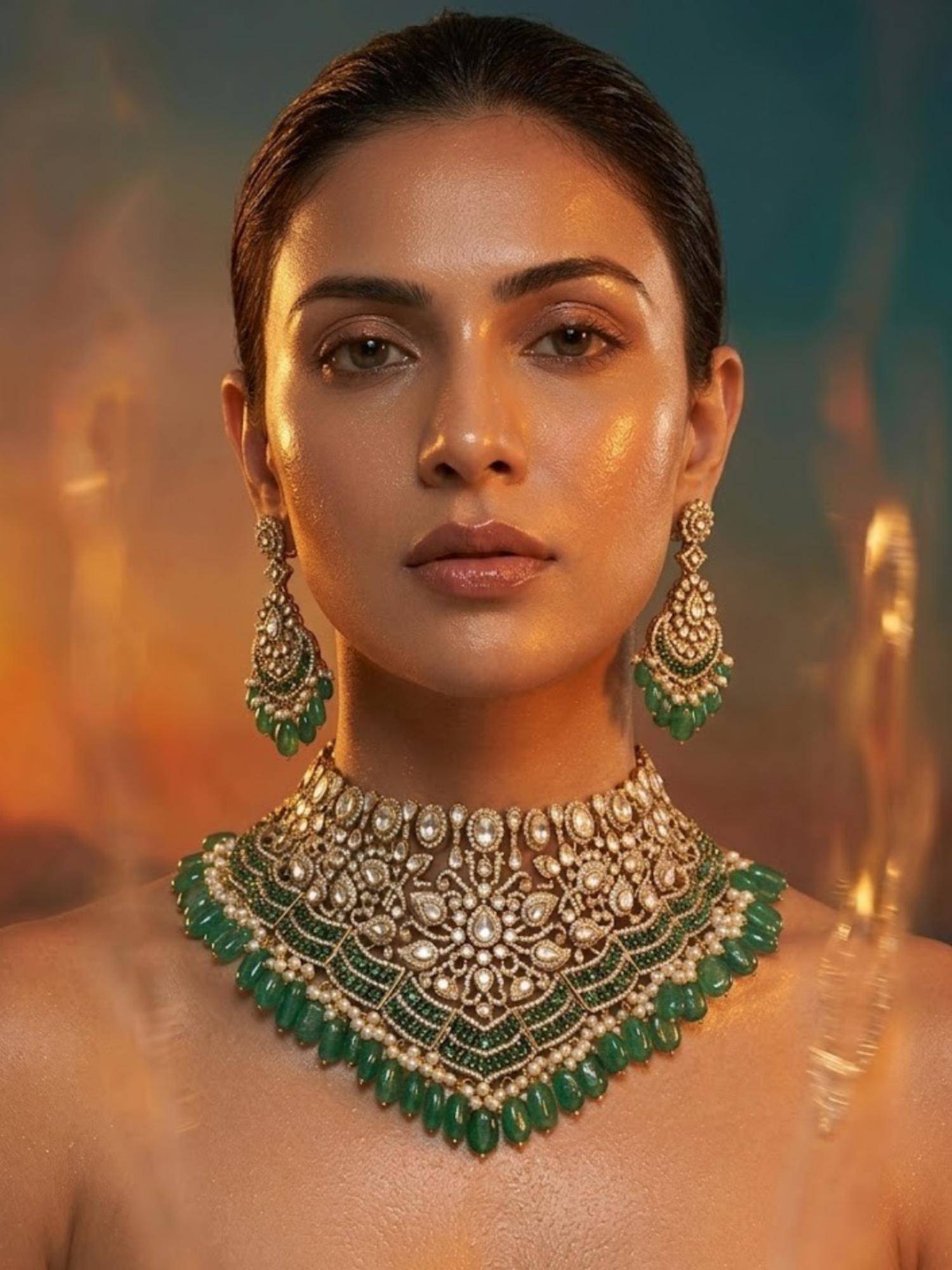 Auraa Trends Emerald Green Kundan Bridal Choker Necklace with Earrings | Royal Wedding Jewellery