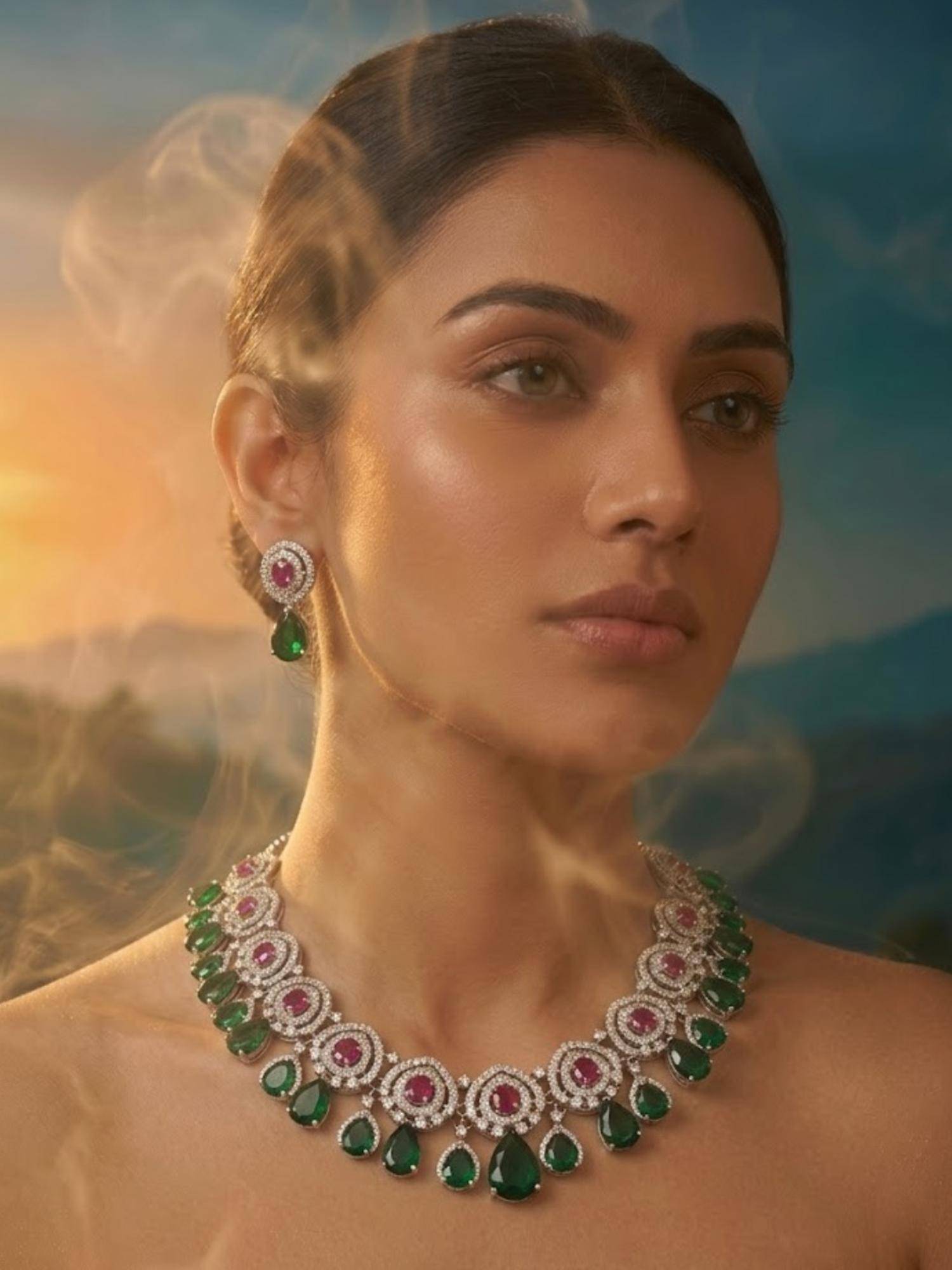 Auraa Trends Emerald Green & Ruby Stone Diamond Finish Necklace with Earrings