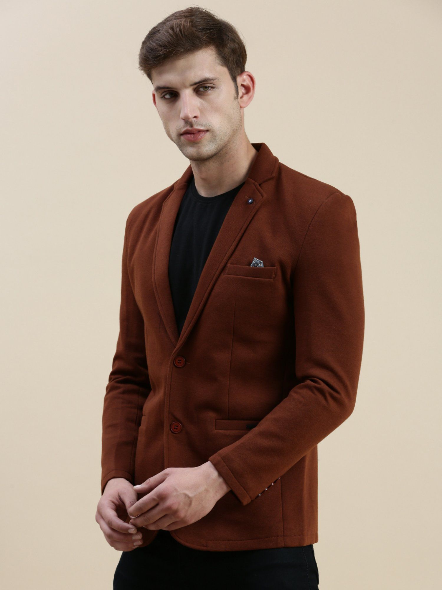 SHOWOFF Men Solid Notched Lapel Coffee Brown Open Front Blazer