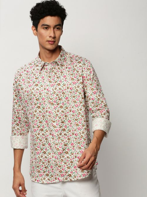 SHOWOFF Men Long Sleeves Spread Collar Off White Floral Smart Shirt