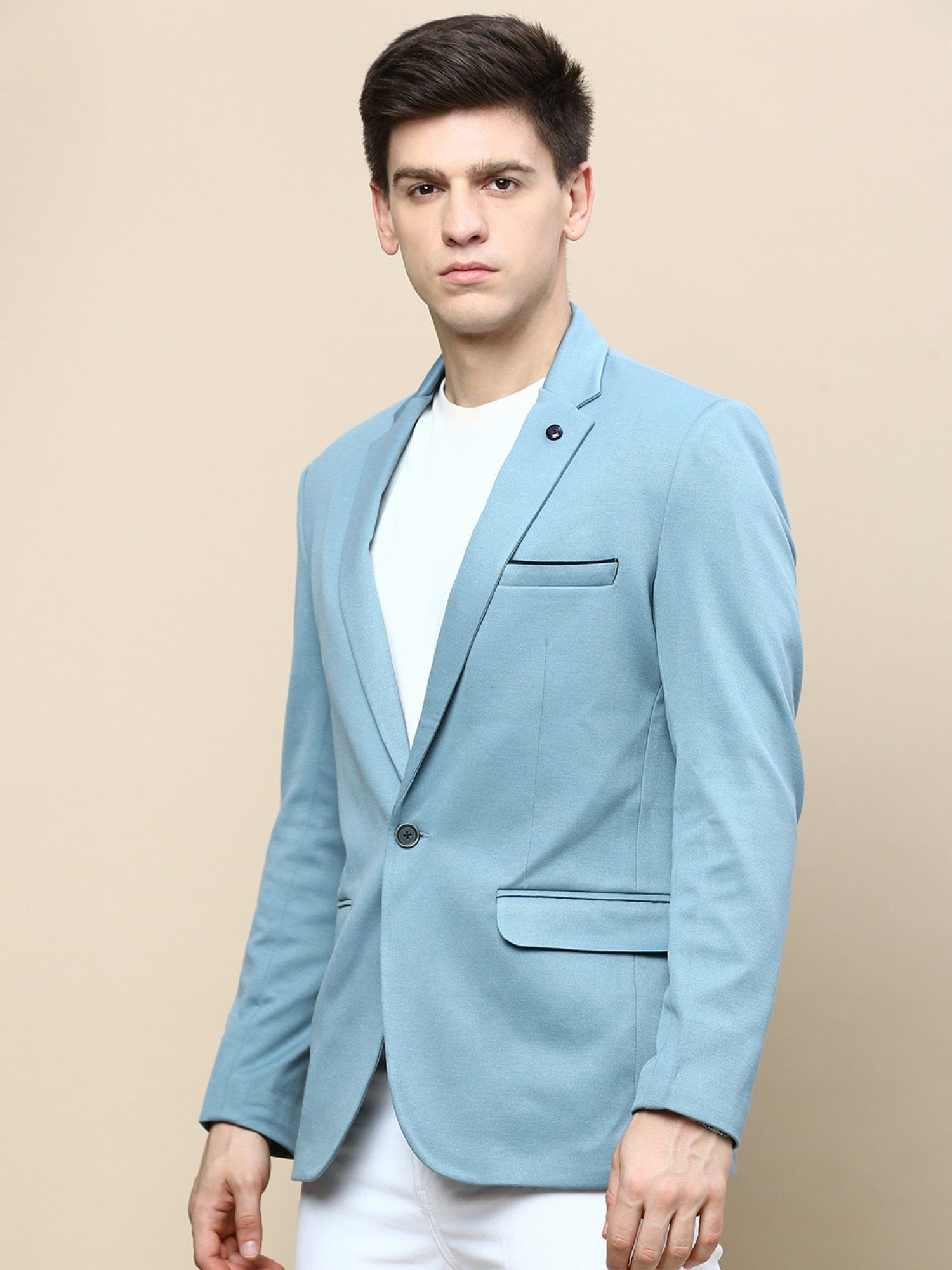 Buy SHOWOFF Men Notched Lapel Solid Turquoise Blue Single Breasted Blazer Online
