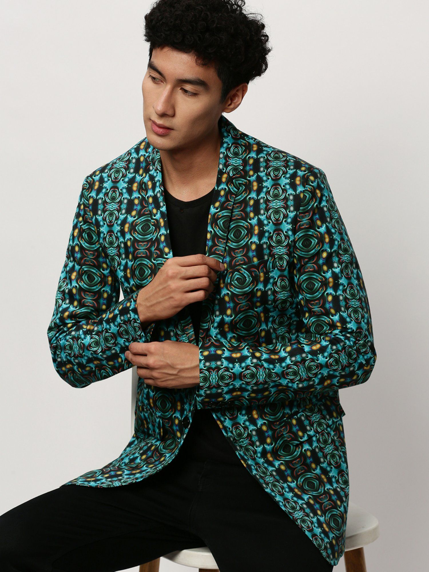 Buy SHOWOFF Men Notched Lapel Printed Turquoise Blue Single Breasted Blazer Online