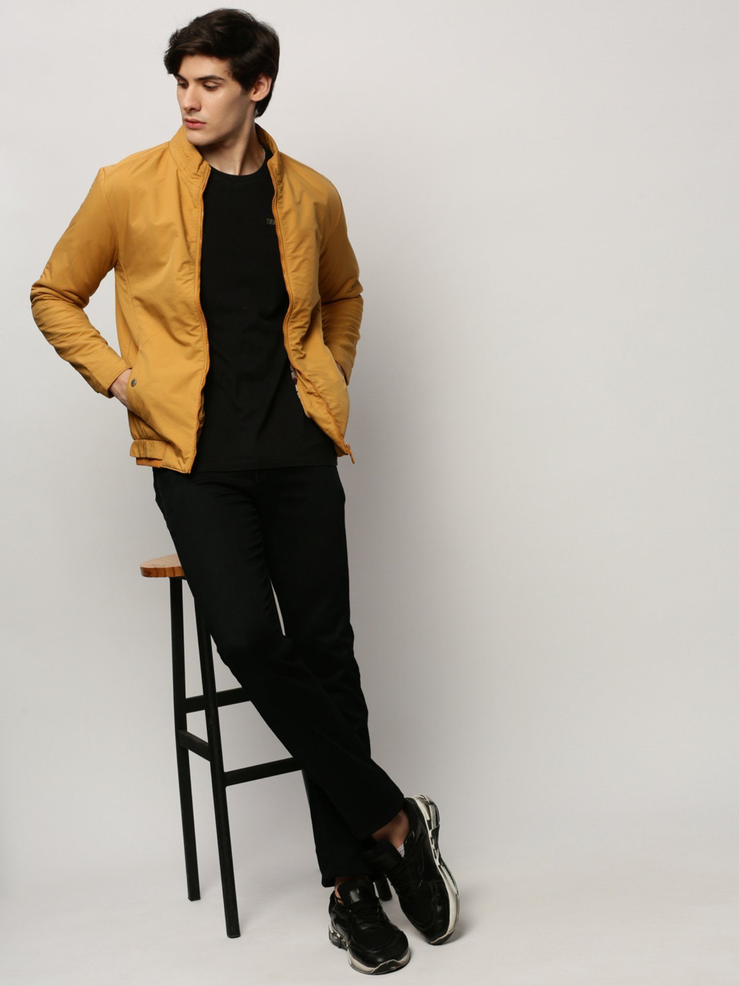 SHOWOFF Men Solid Mock Collar Mustard Bomber Jacket
