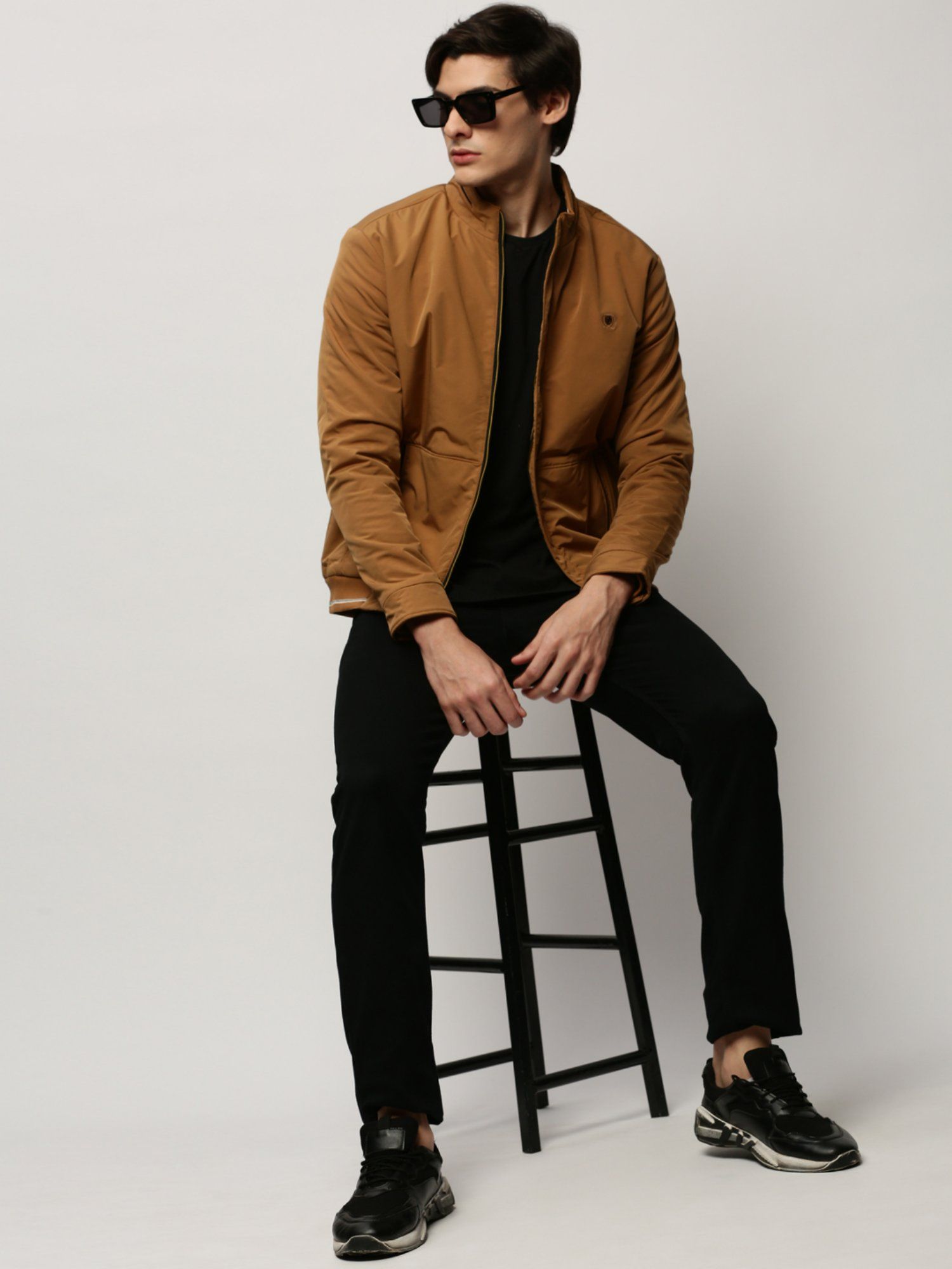 SHOWOFF Men Solid Mock Collar Camel Brown Bomber Jacket