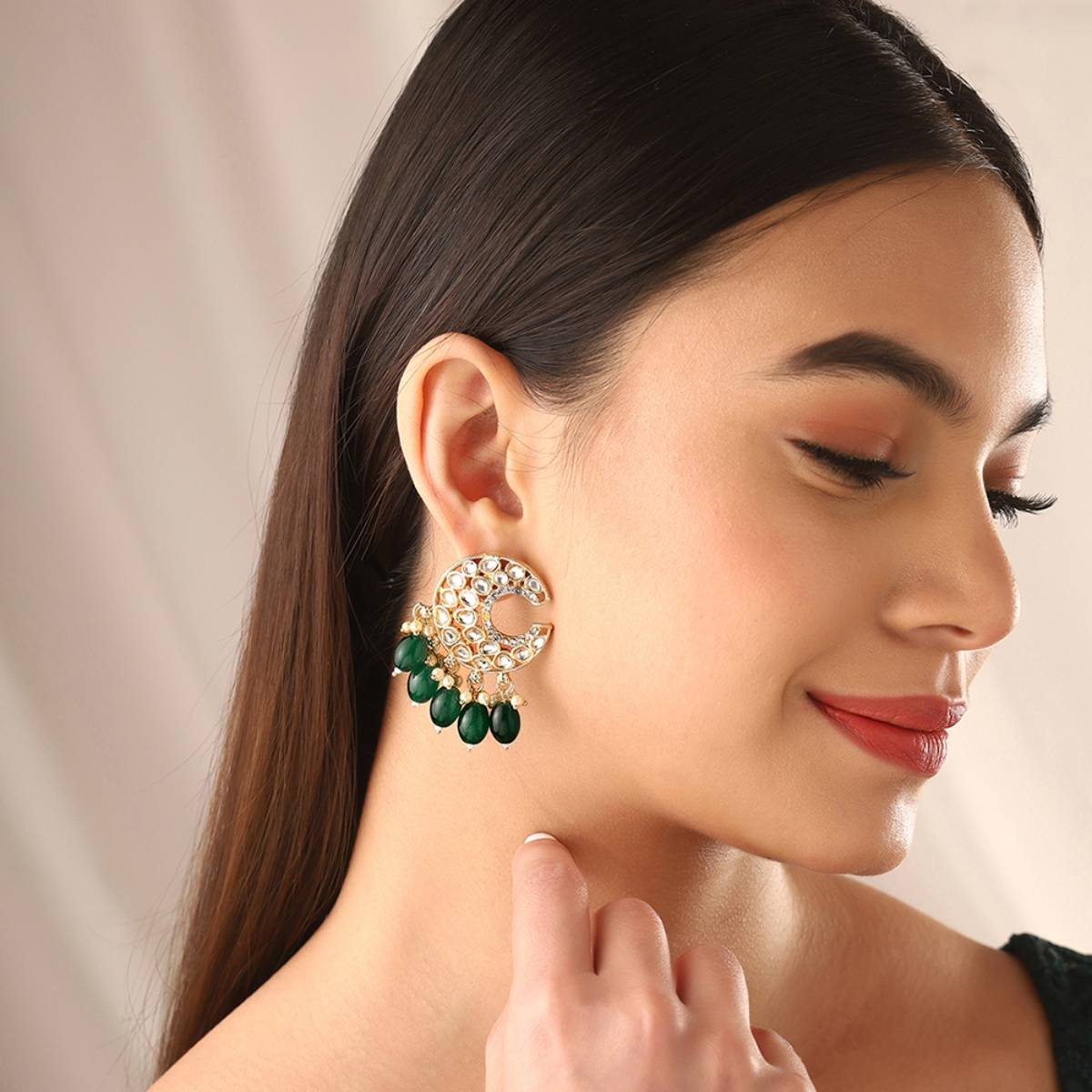 Priyaasi Green Beads Moon Shape Earrings