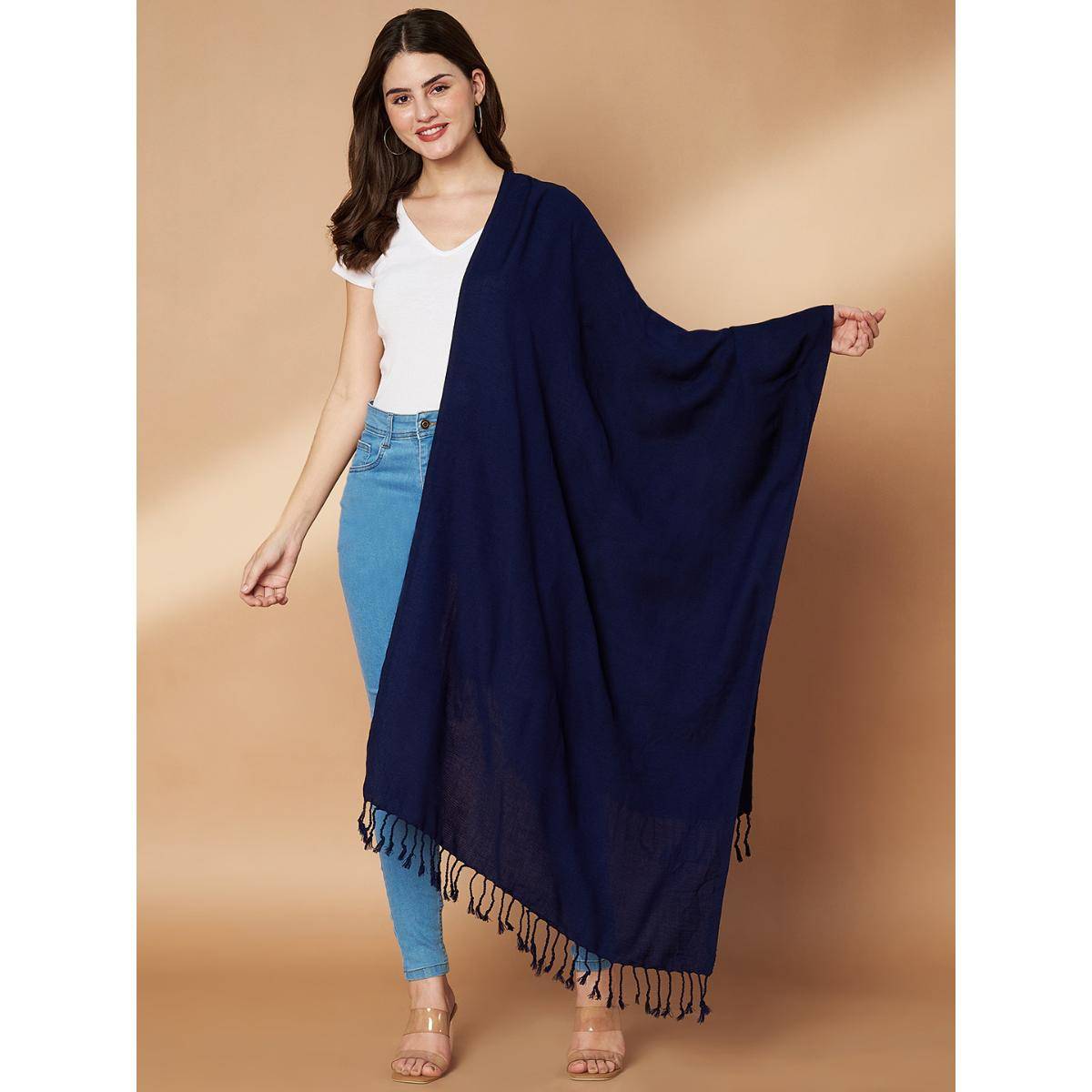 Zamour Women Plain Navy Blue Woolen Stole