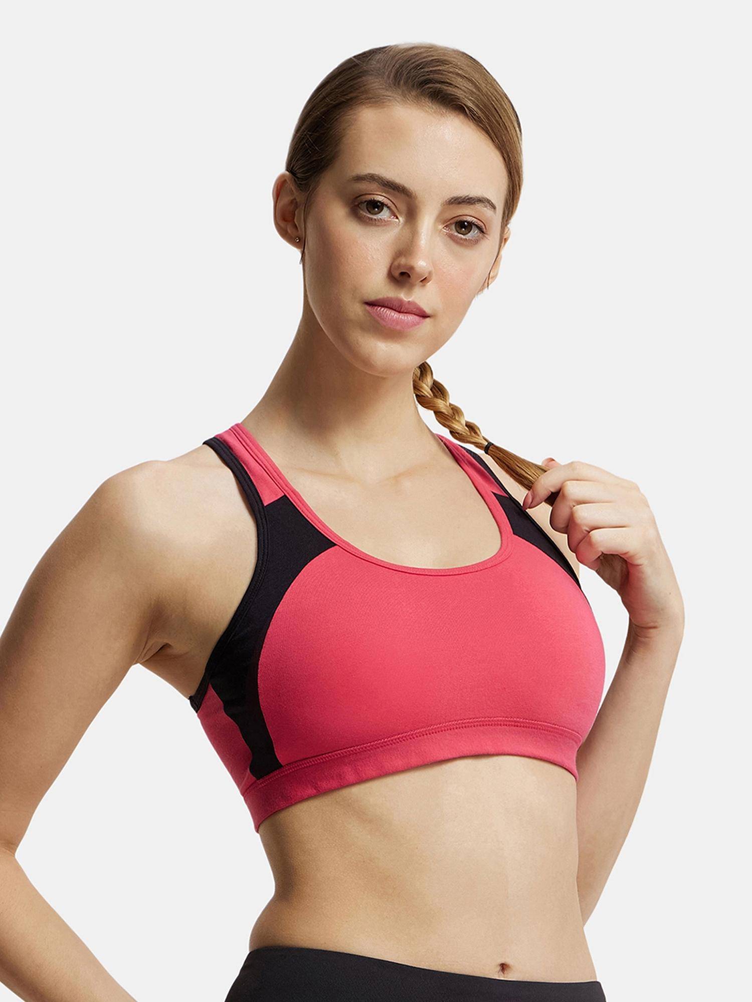 Jockey 1380 Wirefree Padded Cotton Elastane Active Bra - Ruby and Black (3XL)