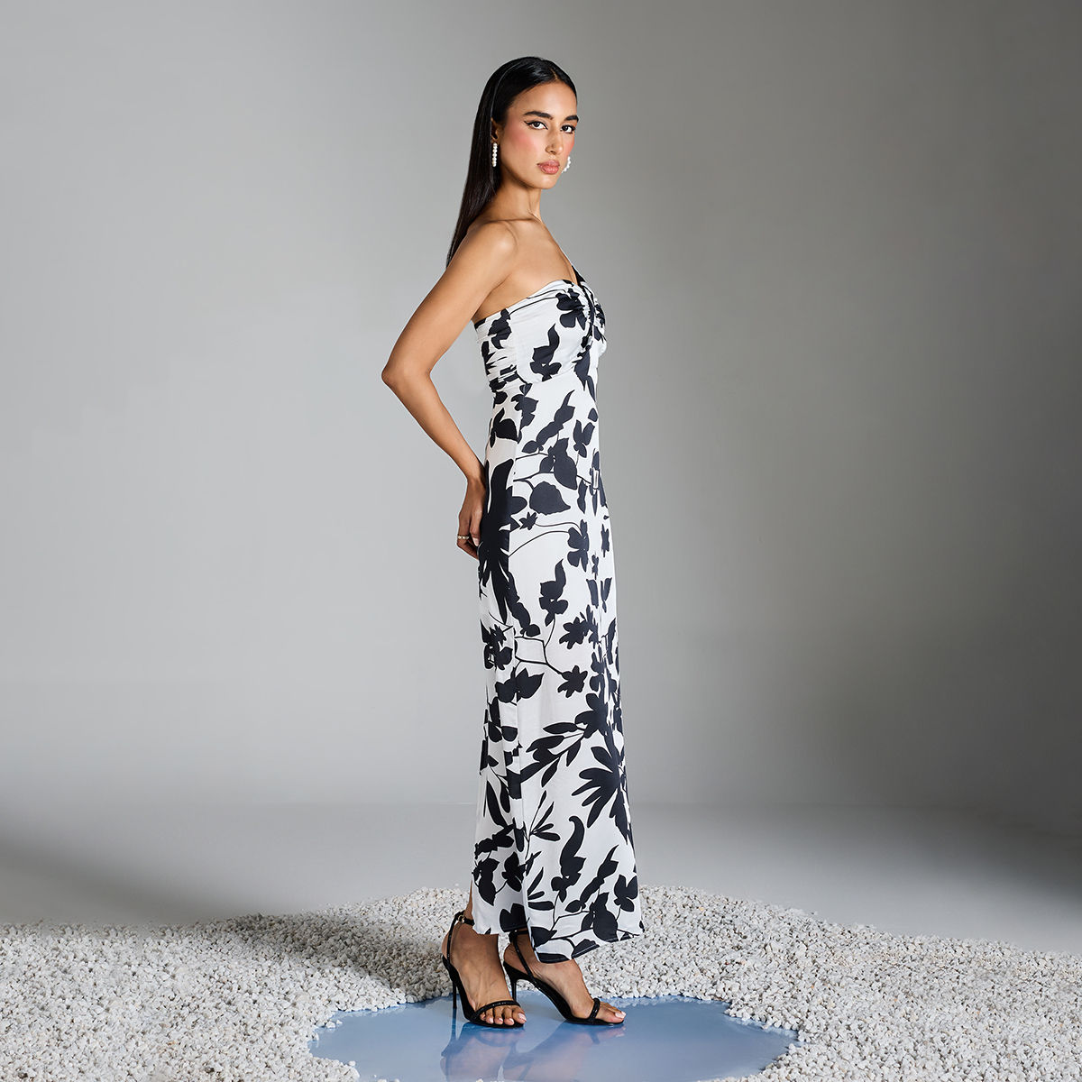 RSVP by Nykaa Fashion White And Black Floral One Shoulder Strap Maxi