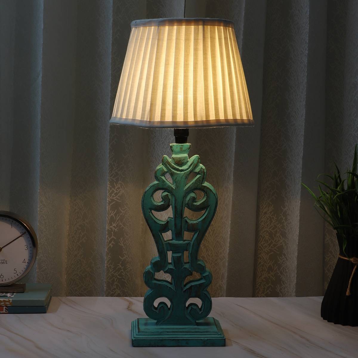 Tu Casa Off White Mangowood Aqua French Table Lamp For Home Decoration