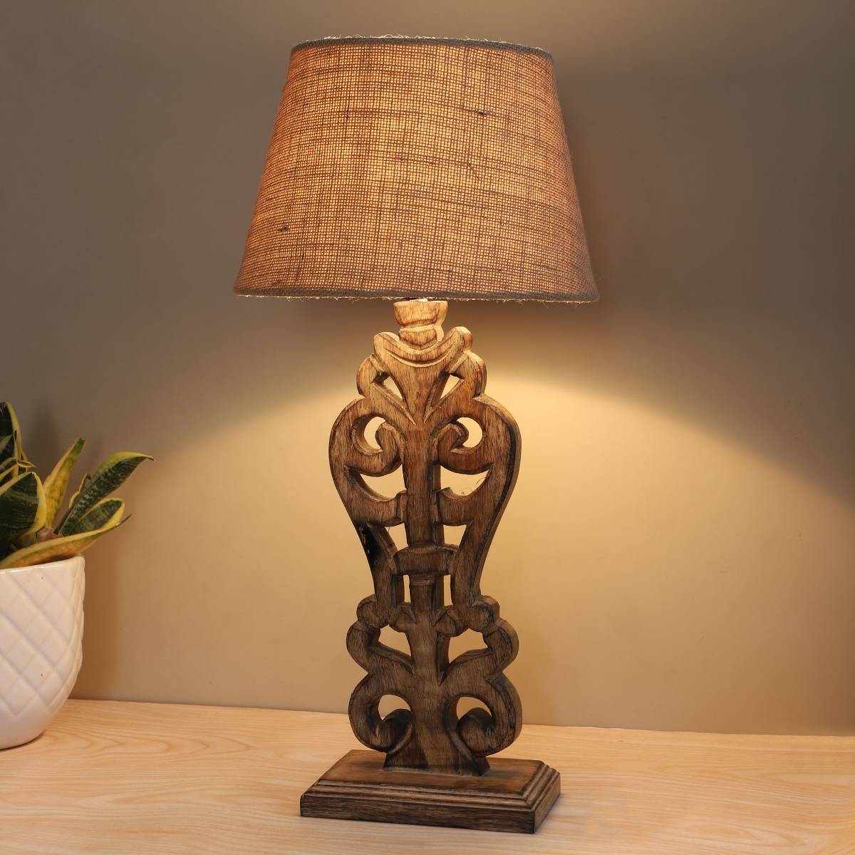 Tu Casa Beige Mangowood Rustic Brown French Table Lamp For Home Decoration