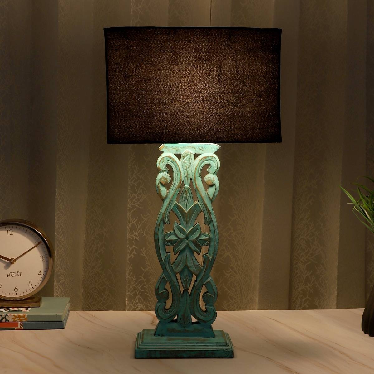 Tu Casa Black Mangowood Rustic Aqua French Table Lamp For Home Decoration