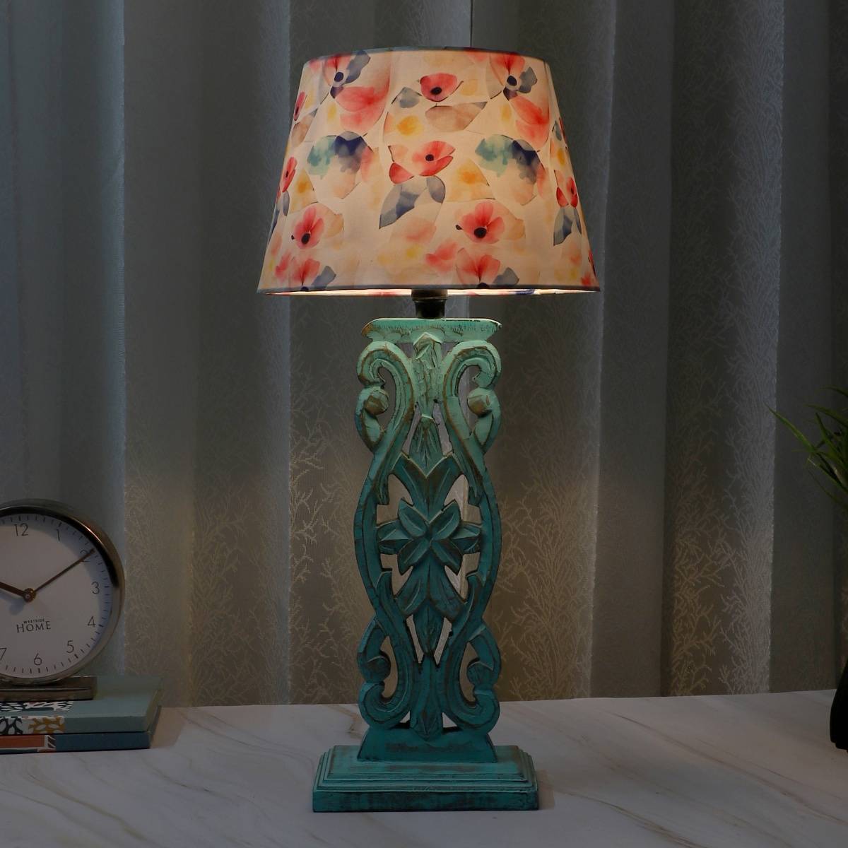 Tu Casa White Mangowood Rustic Aqua French Table Lamp For Home Decoration