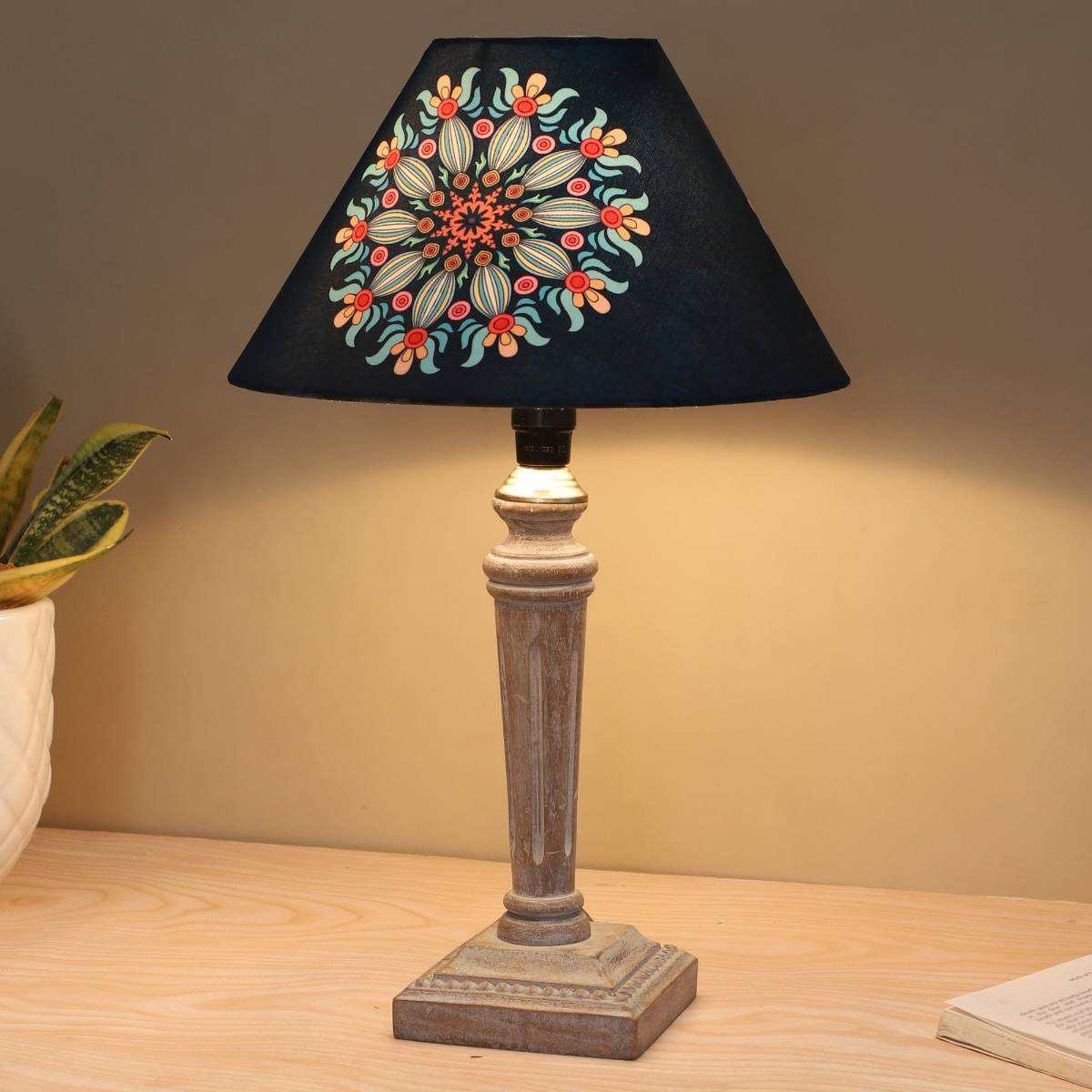 Tu Casa Navy Blue Hand Carved Equine Mangowood Table Lamp For Home Decoration