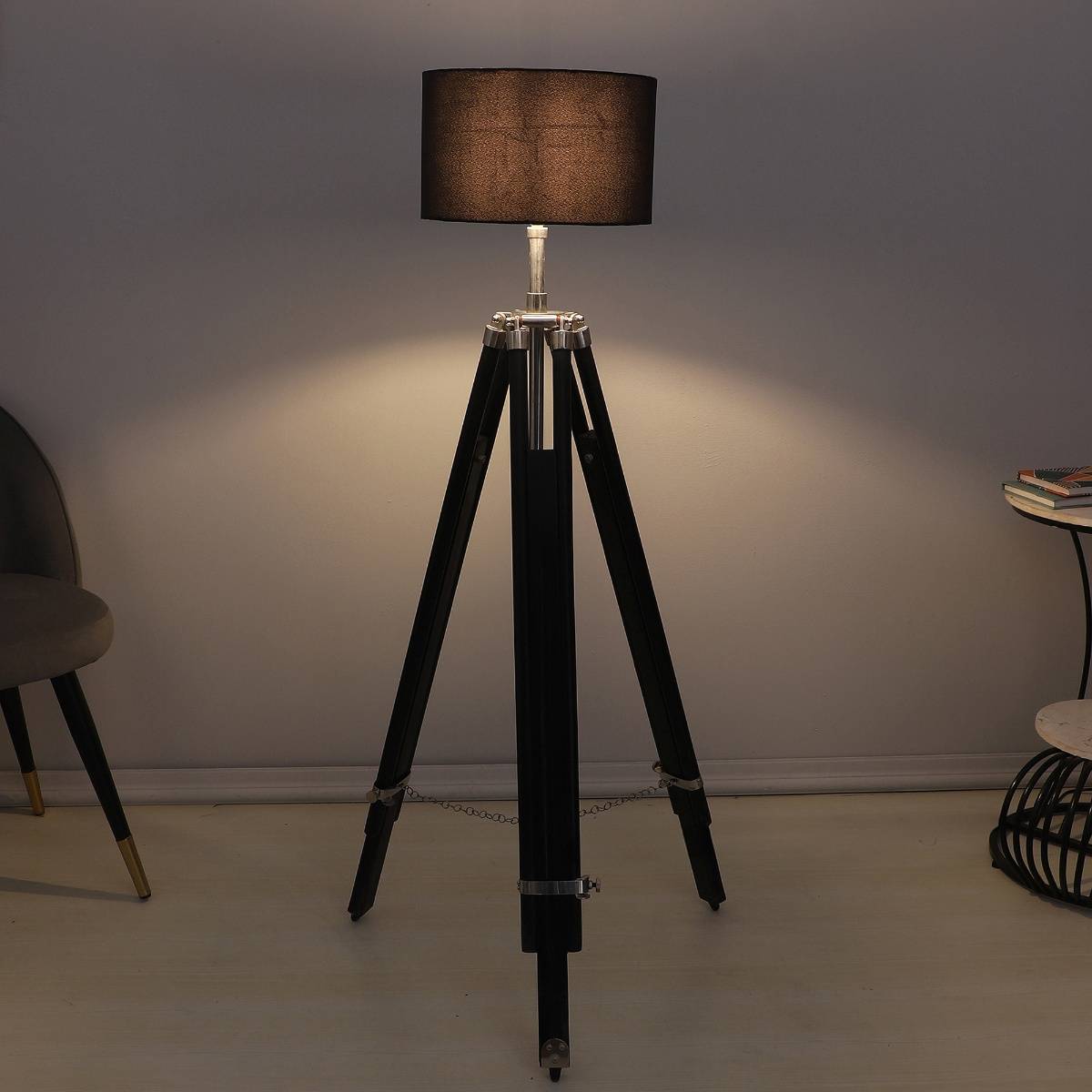Tu Casa Vintage Tripod Black Mango Wood Base Floor Lamp With Black & Cotton Shade For Bedroom