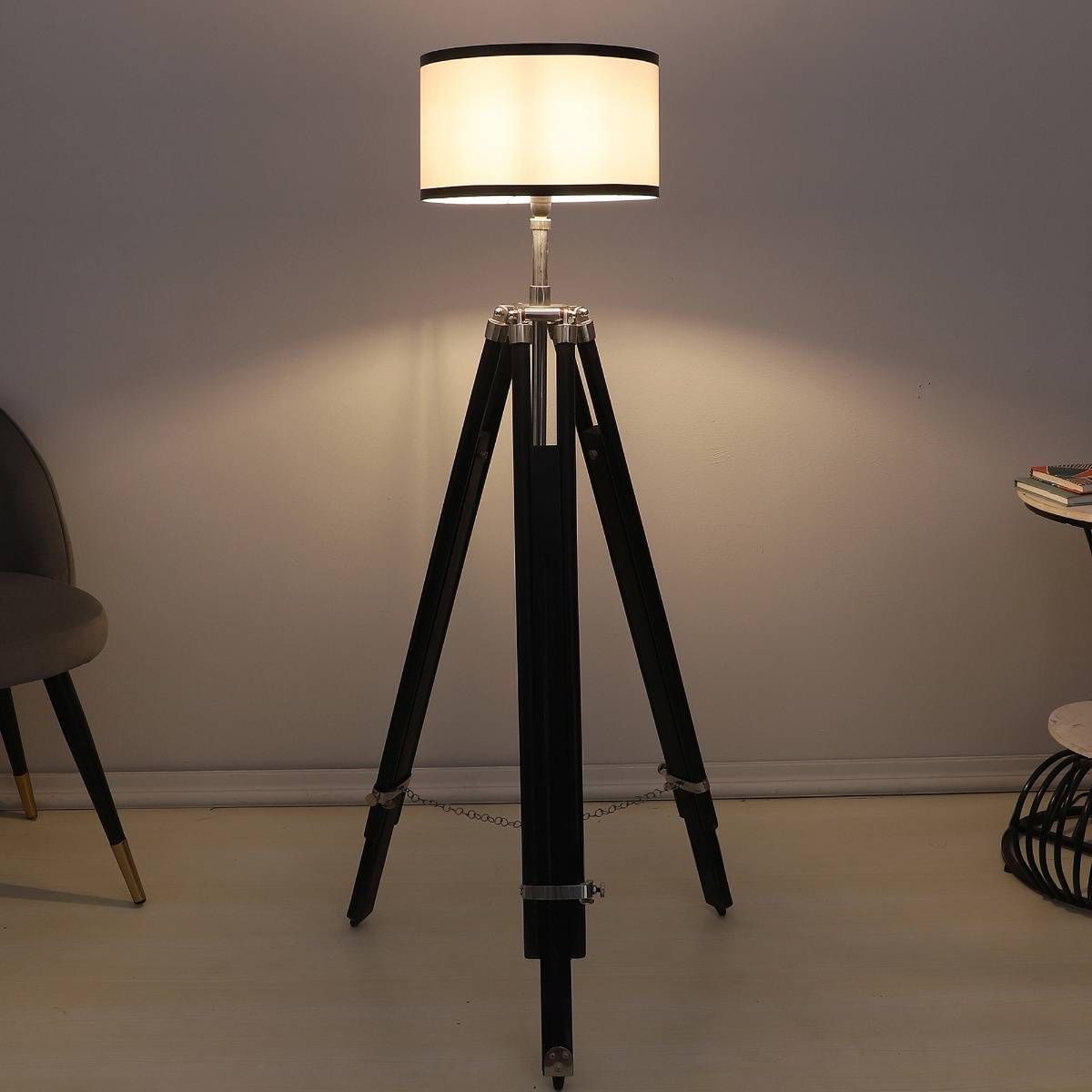 Tu Casa Vintage Tripod Black Mango Wood Base Floor Lamp With Off White & Cotton Shade