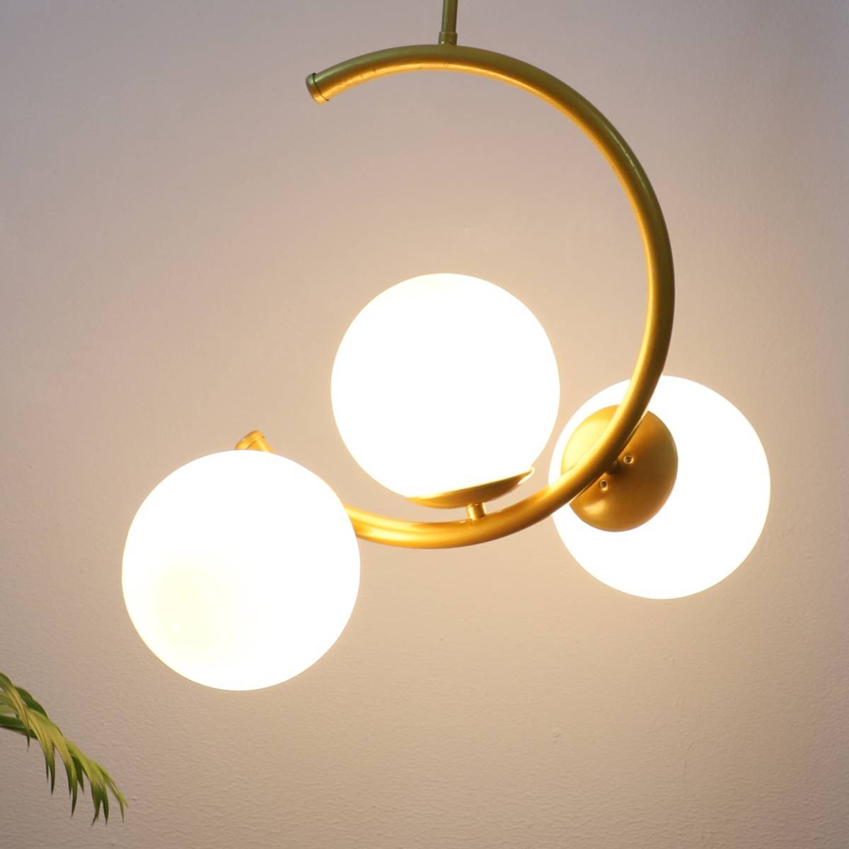 Tu Casa Golden Metal Circular Pendent Light with White Glass Shade Hanging Lamp for Bedroom