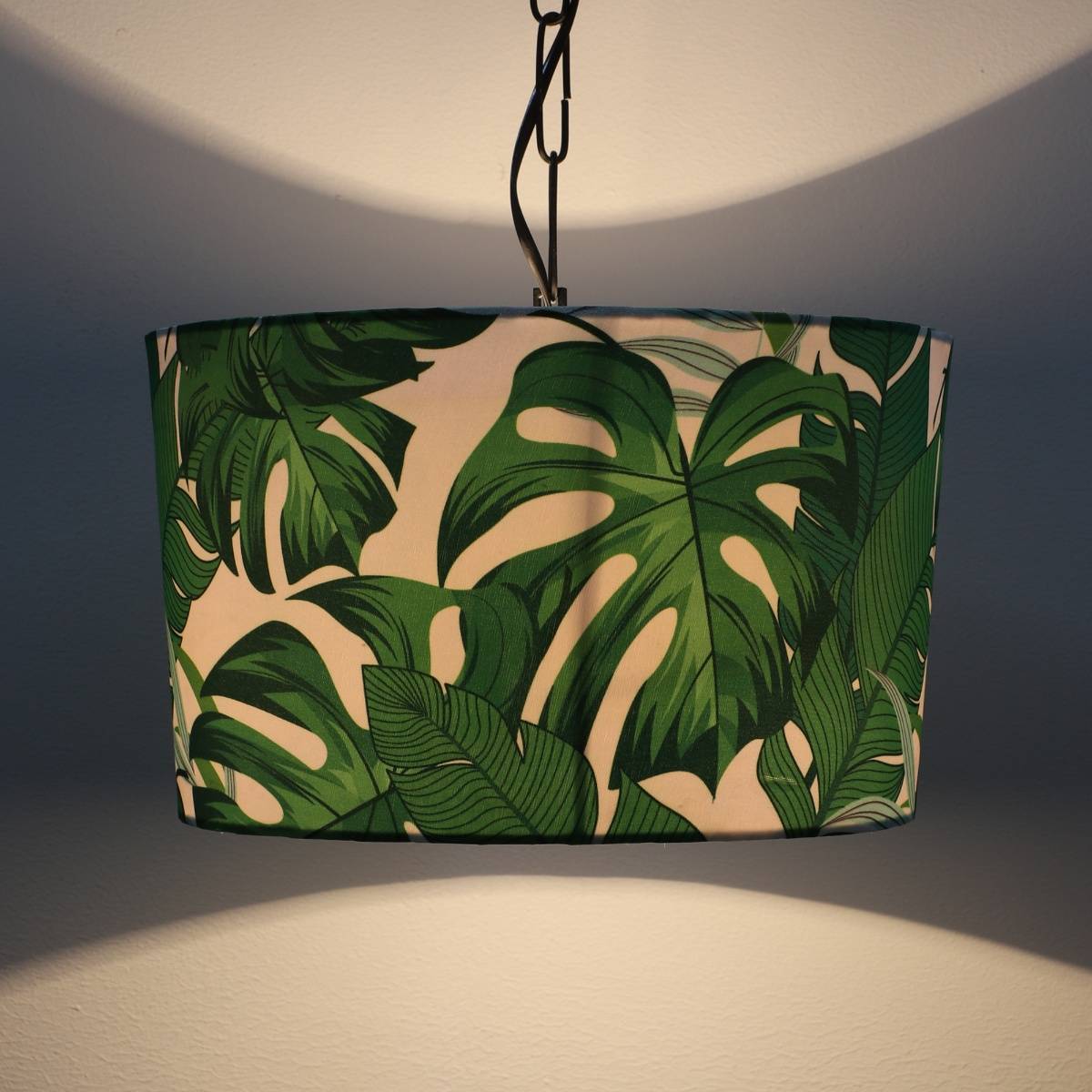 Tu Casa Green Palm Print Fabric Glow Pendent Light Hanging Lamp for Bedroom