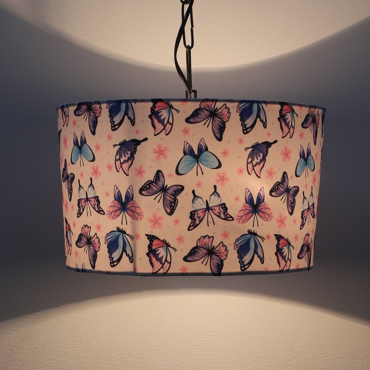 Tu Casa White Butterfly Print Fabric Glow Pendent Light Hanging Lamp for Bedroom
