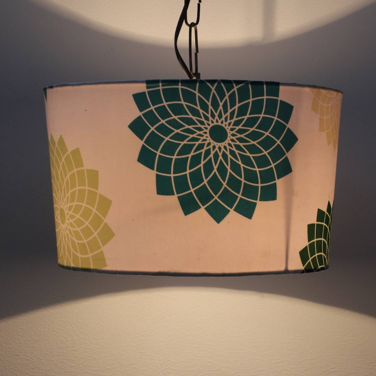 Tu Casa White Dahlia Floral Print Fabric Glow Pendent Light Hanging Lamp For Bedroom