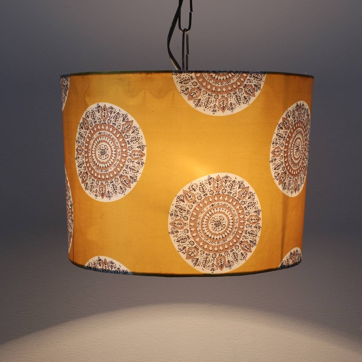 Tu Casa Yellow Mandala Print Fabric Glow Pendent Light Hanging Lamp For Bedroom