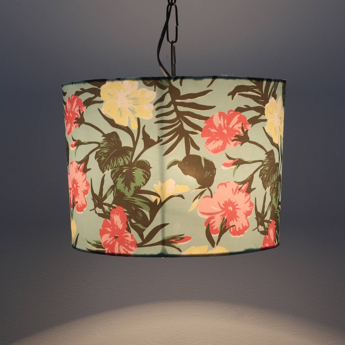 Tu Casa Blue Tropical Floral Print Fabric Glow Pendent Light Hanging Lamp for Bedroom