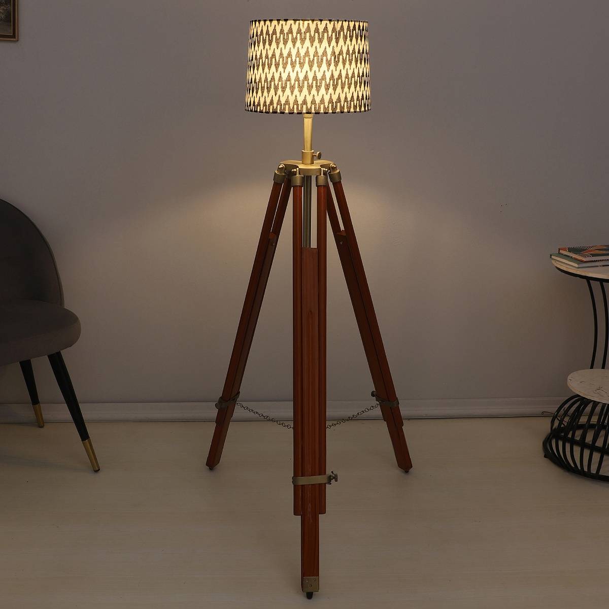 Tu Casa Multi-Color Vintage Tripod Brown Mango Wood Base Floor Lamp With Chevron Print