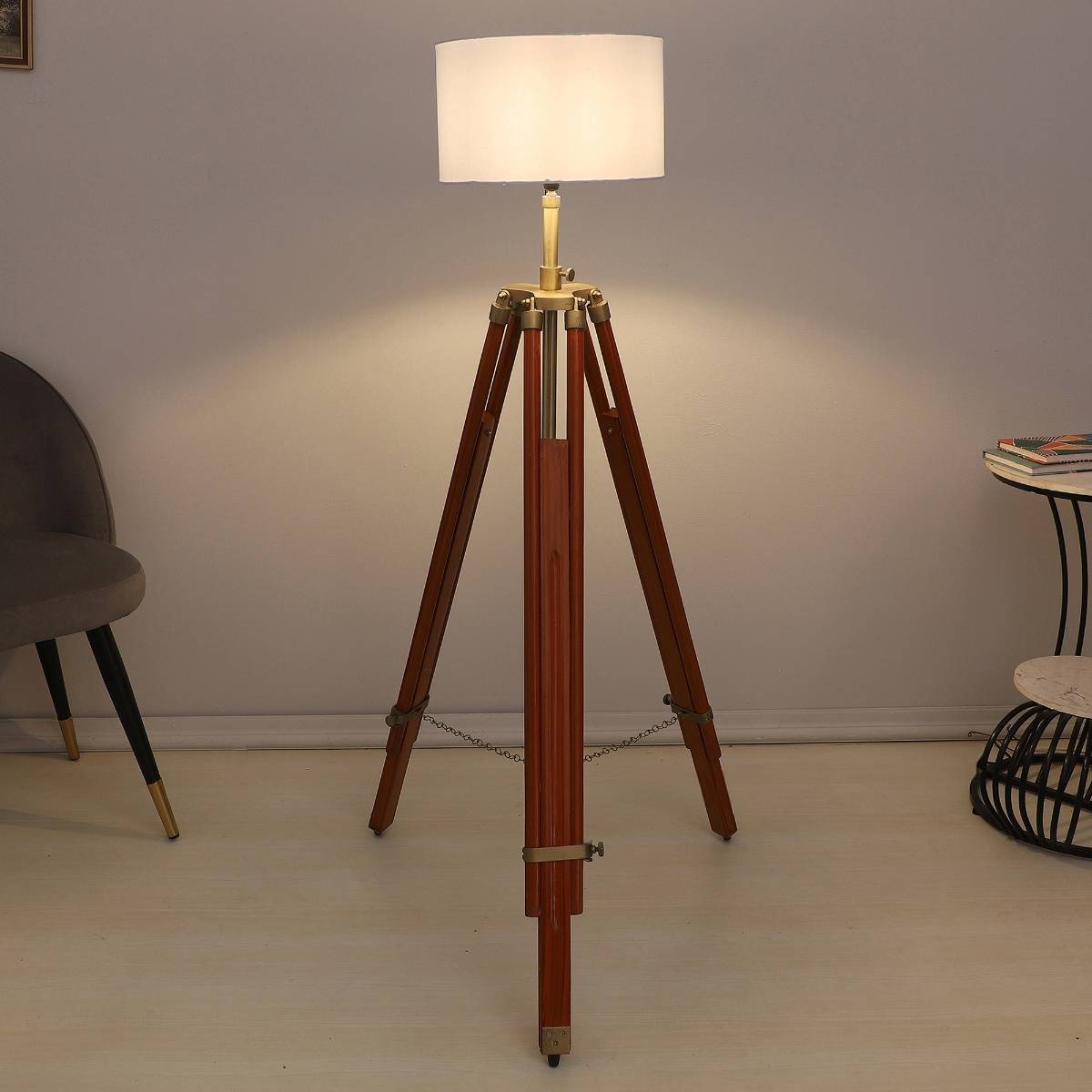 Tu Casa Vintage Tripod Brown Mango Wood Base Floor Lamp With Off White & Cotton Shade