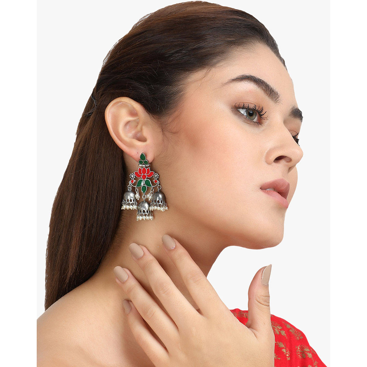 Adwitiya Women Silver Plated Multi Stone-Studded Oxidised Jhumka