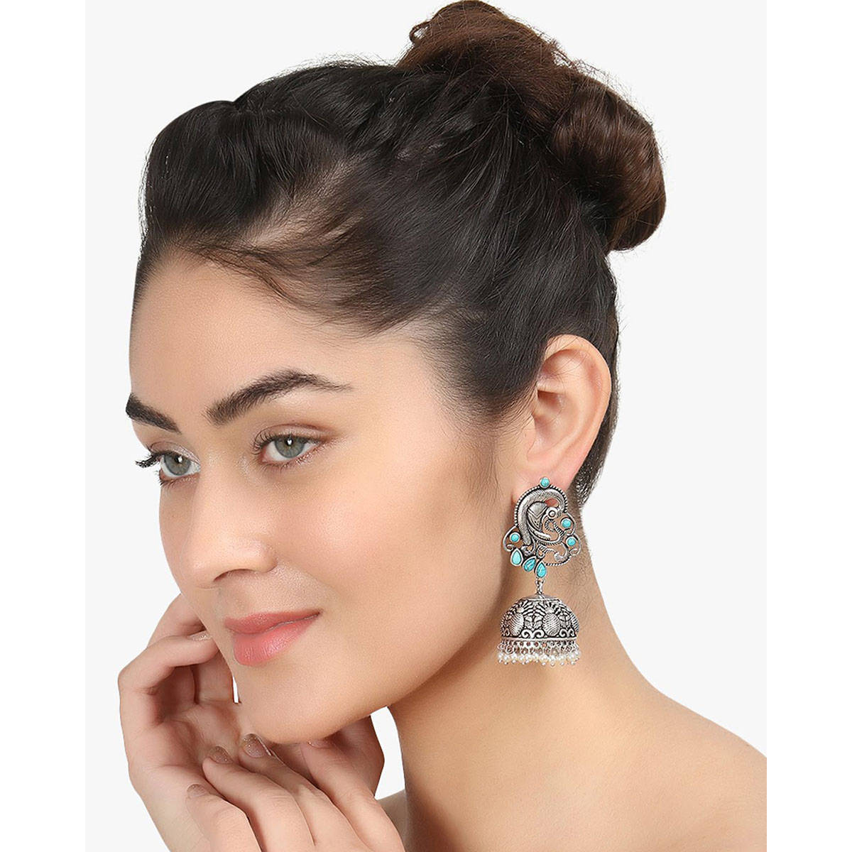 Adwitiya Women Silver Plated Turquoise Stone Dome Shaped Jhumka