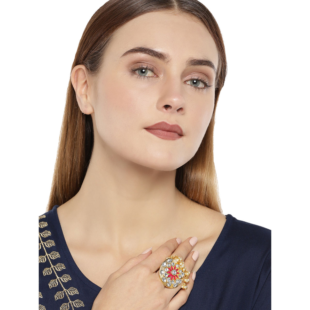 Buy Zaveri Pearls Enamelling Pink Flower Kundan & Pearls Finger Ring