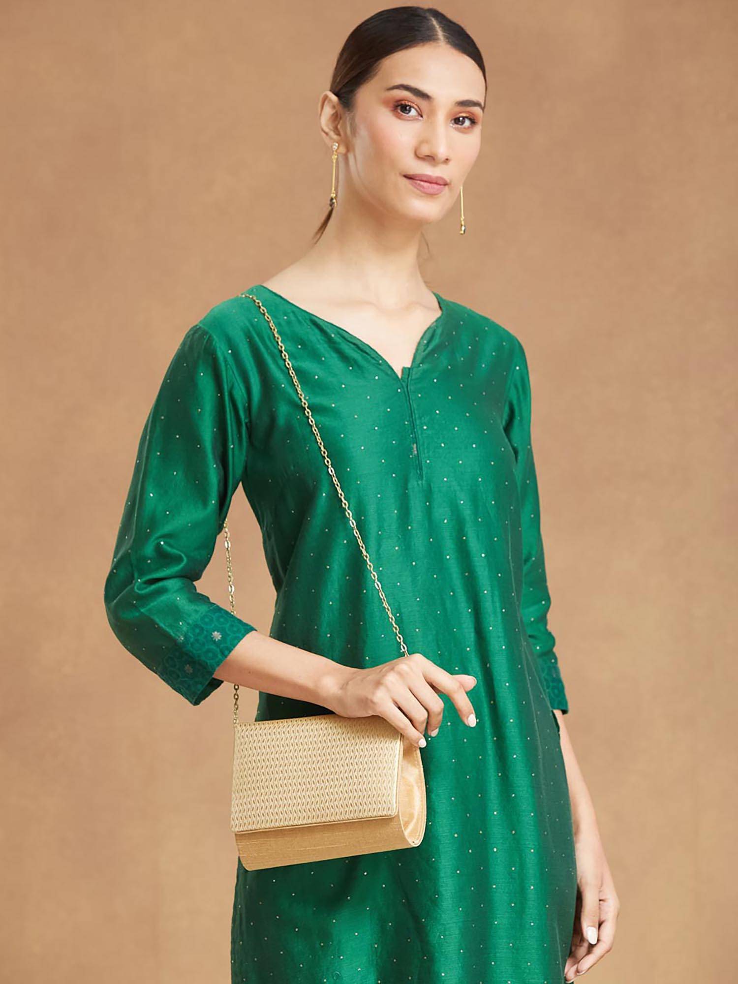Fabindia Women Gold Polyester Woven Clutch