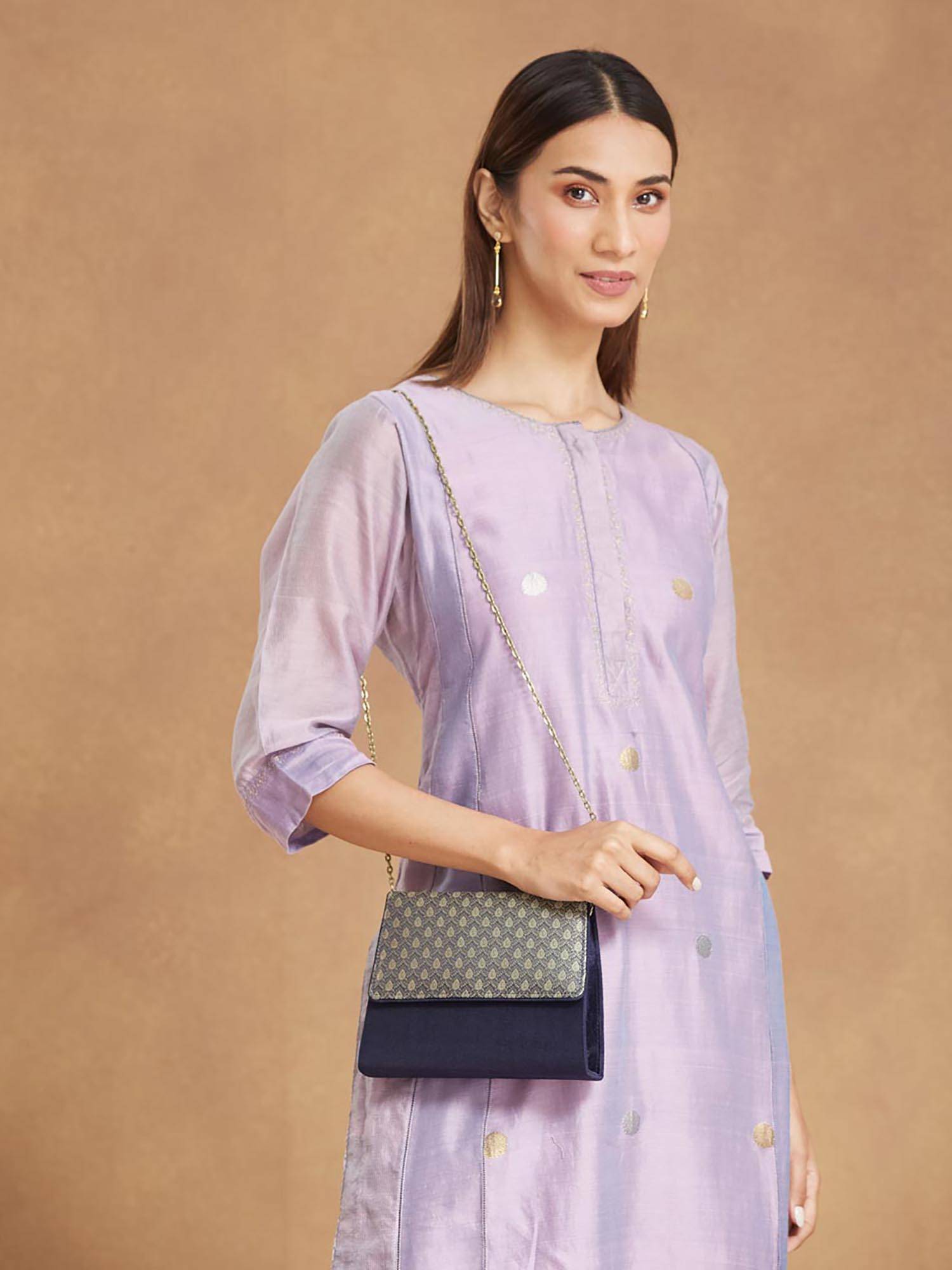 Fabindia Women Navy Blue Polyester Woven Clutch