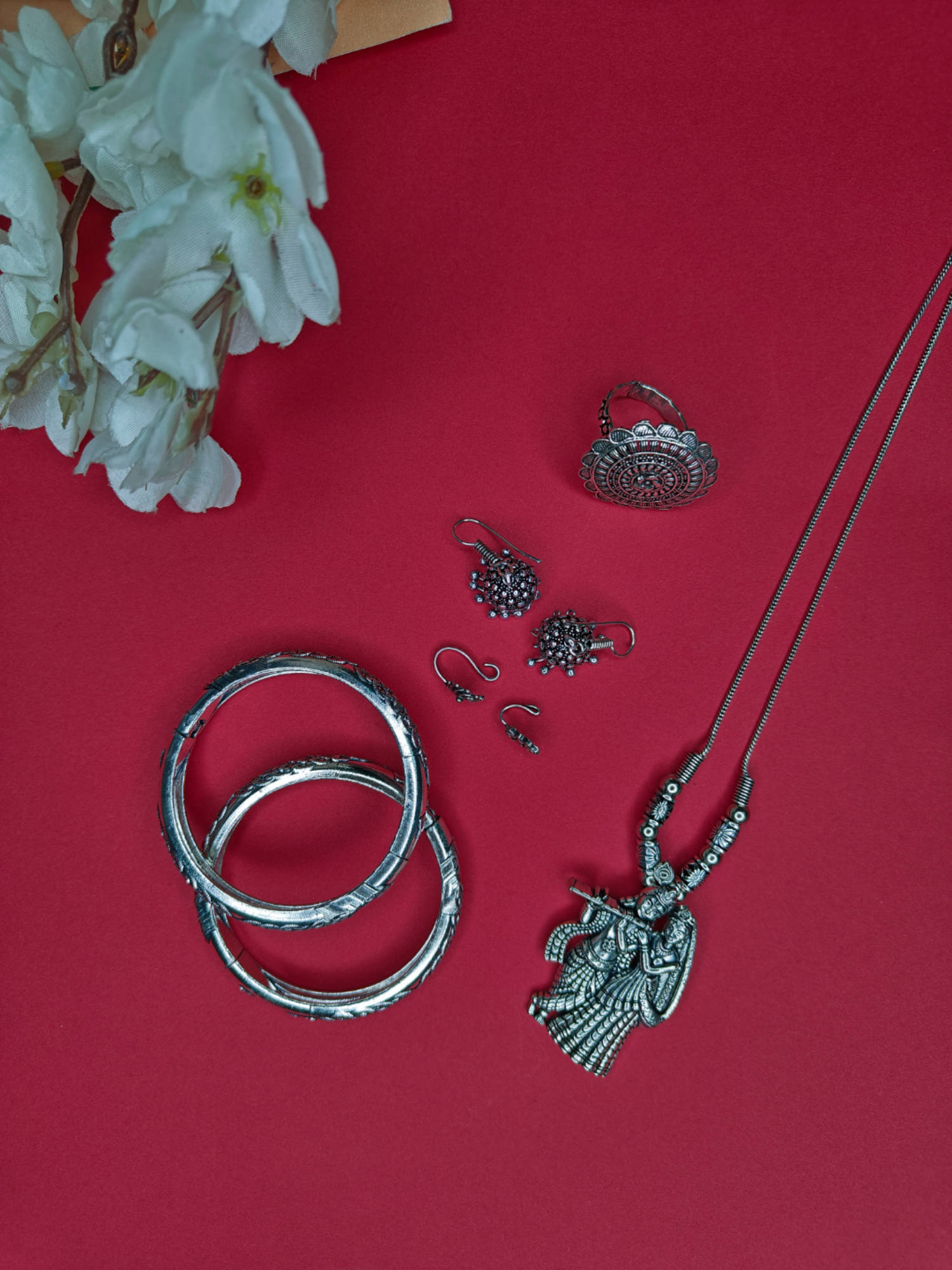 NVR Valentine Special Silver-Plated Oxidised Jewellery Combo Set for Women's