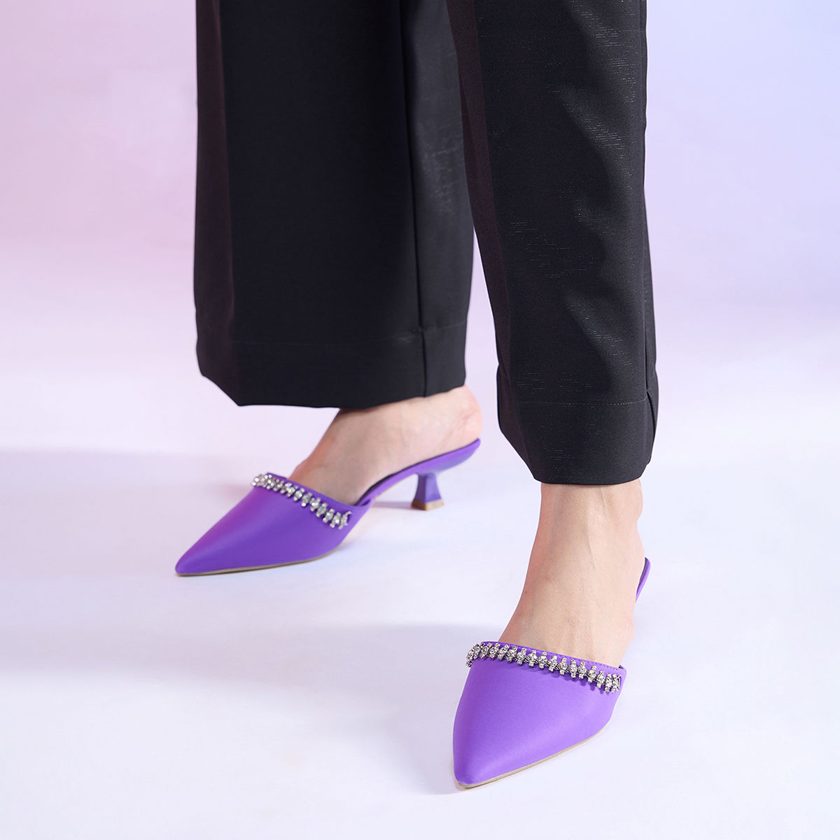 RSVP by Nykaa Fashion Purple Pointed Toe Embellished Mule Kitten Heels EURO 38