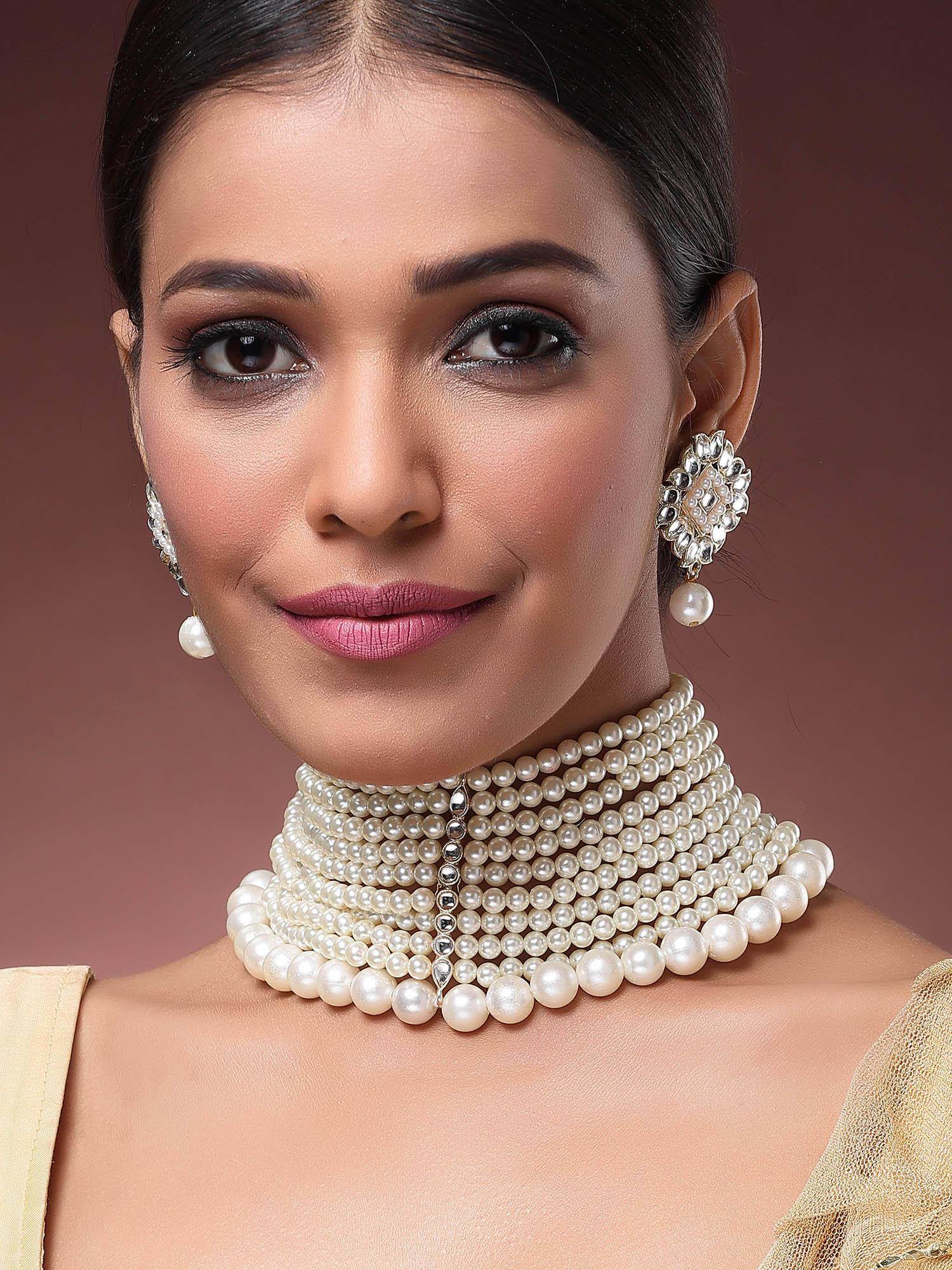 Karatcart Pearl Beaded Choker Necklace With Earrings