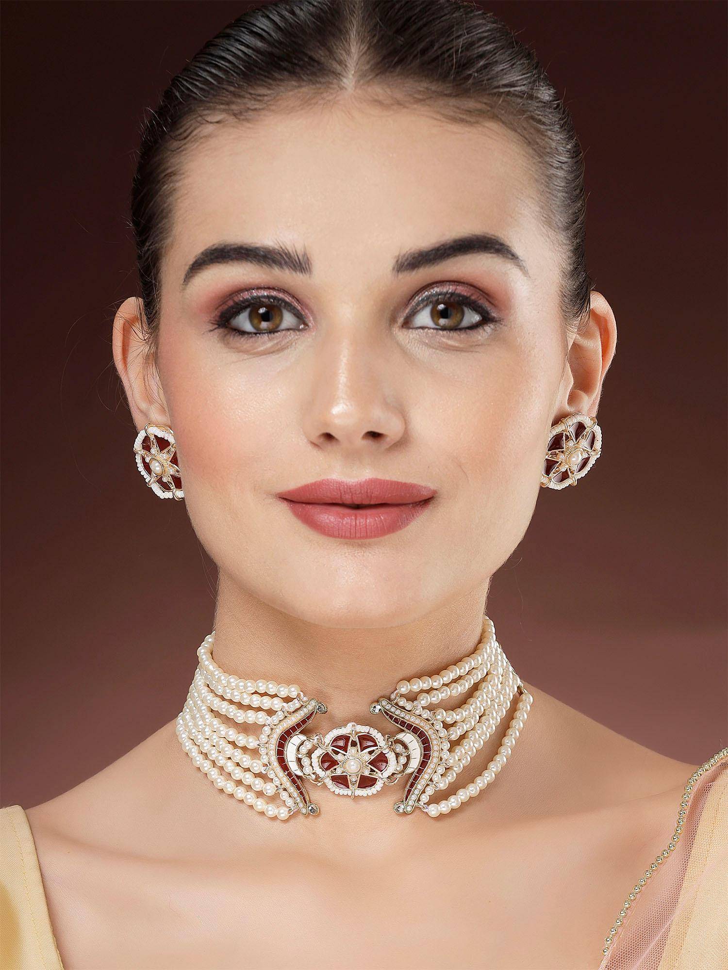 Karatcart Red Meena Floral Design Pearl Choker Necklace With Earrings