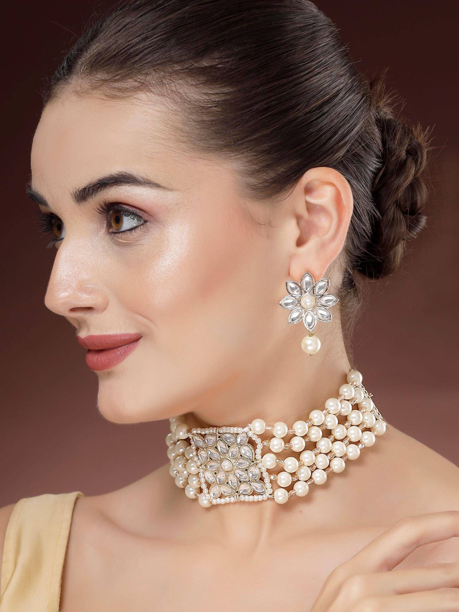 Karatcart Gold Plated Pearl Choker Necklace With Earrings