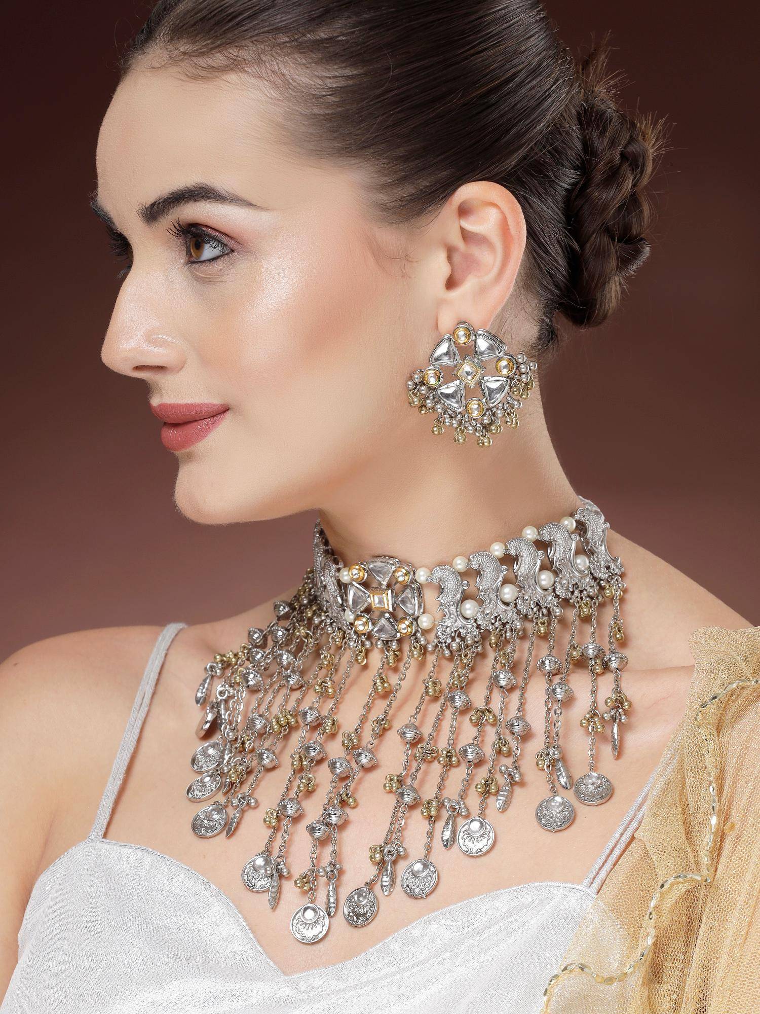Karatcart Antique Silver and Gold Plated Peacock Choker Necklace With Earrings
