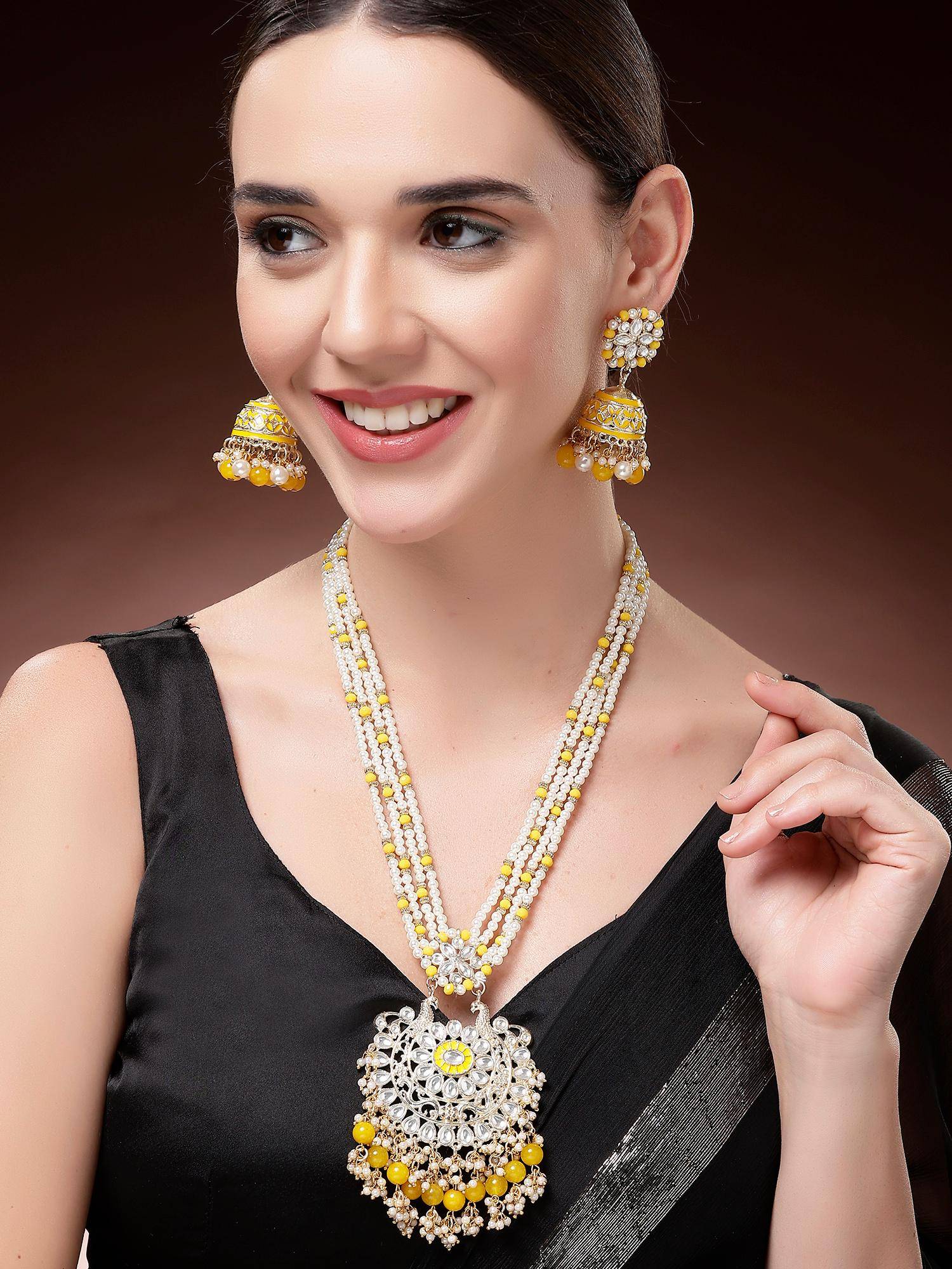 Karatcart Yellow Beads and Pearl Studded Kundan Rani Haar Necklace With Earrings