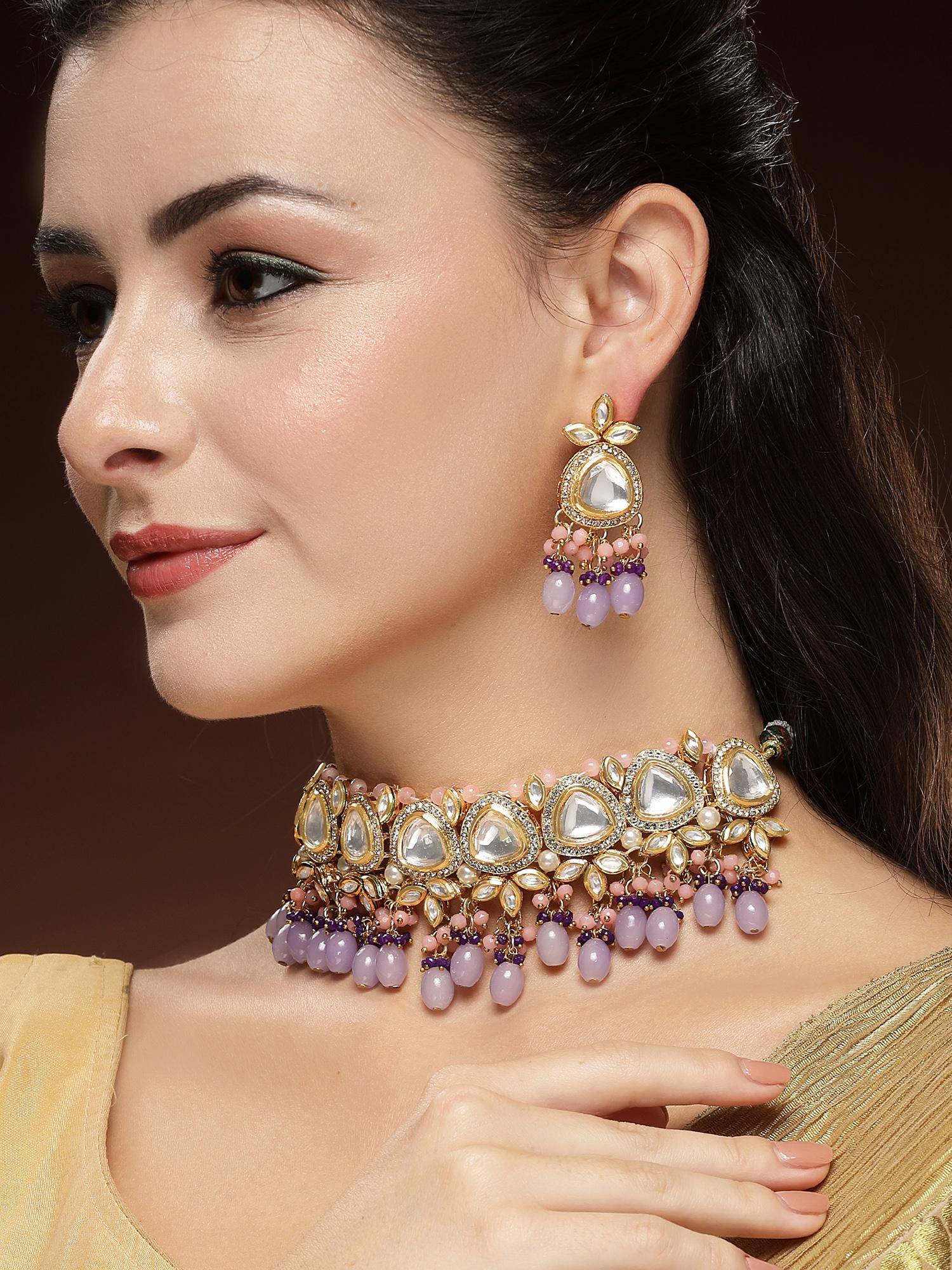 Karatcart Traditional Polki Kundan Gold-Plated Purple and Pink Choker Necklace With Earrings