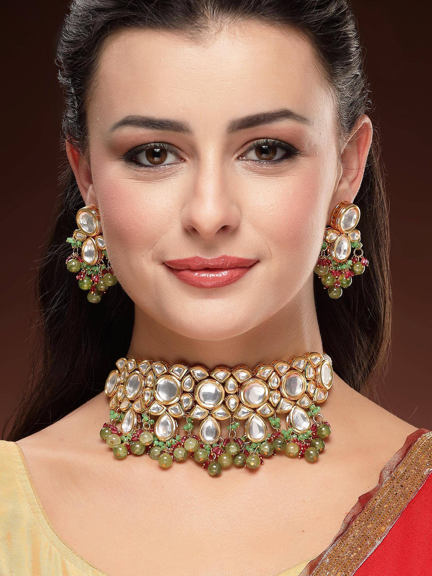 Karatcart Traditional Gold Plated Polki Kundan Crystal Choker Necklace With Earrings