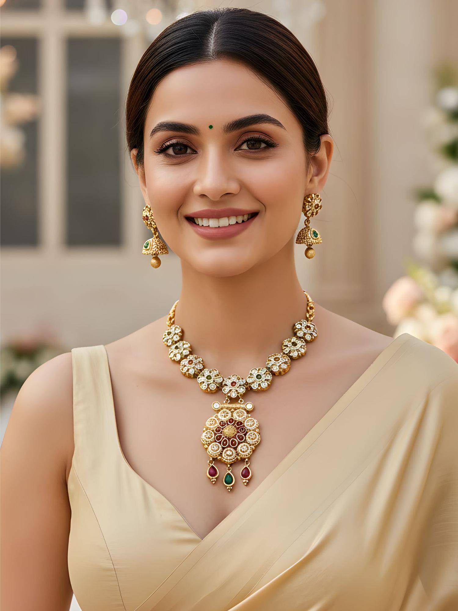 Karatcart Traditional Gold-Plated Multicolor Stone Floral Design Necklace With Earrings