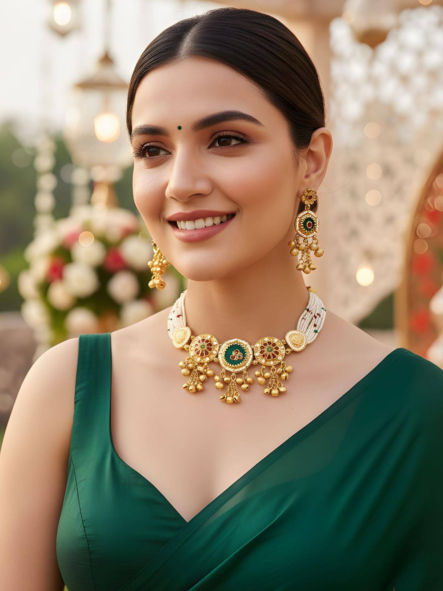 Karatcart Elegant Pearl Beaded Ethnic Gold-Plated Choker Necklace With Earrings