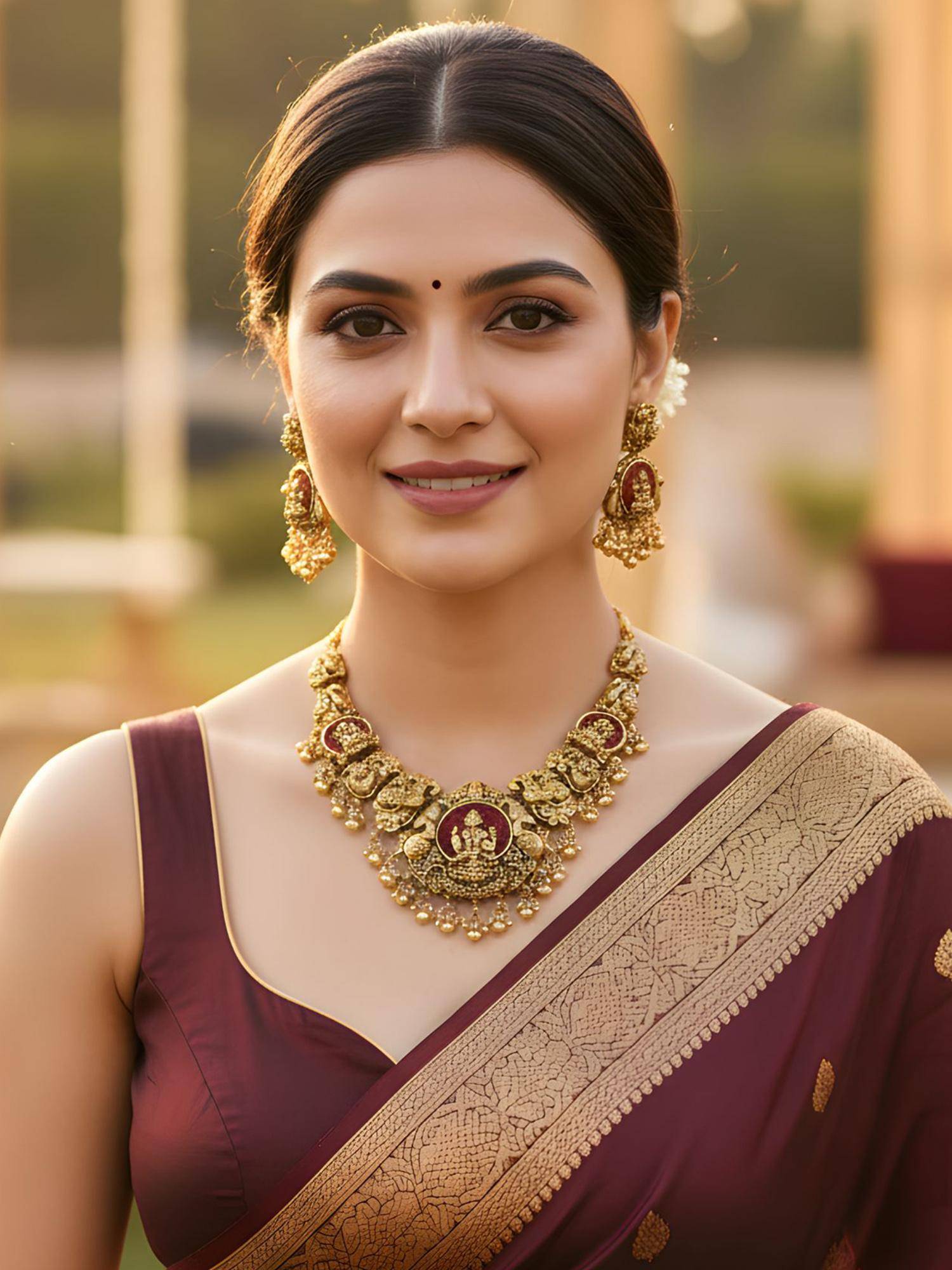 Karatcart Antique Gold-Plated Red Crystal Goddess Lakshmi Temple Necklace With Earrings