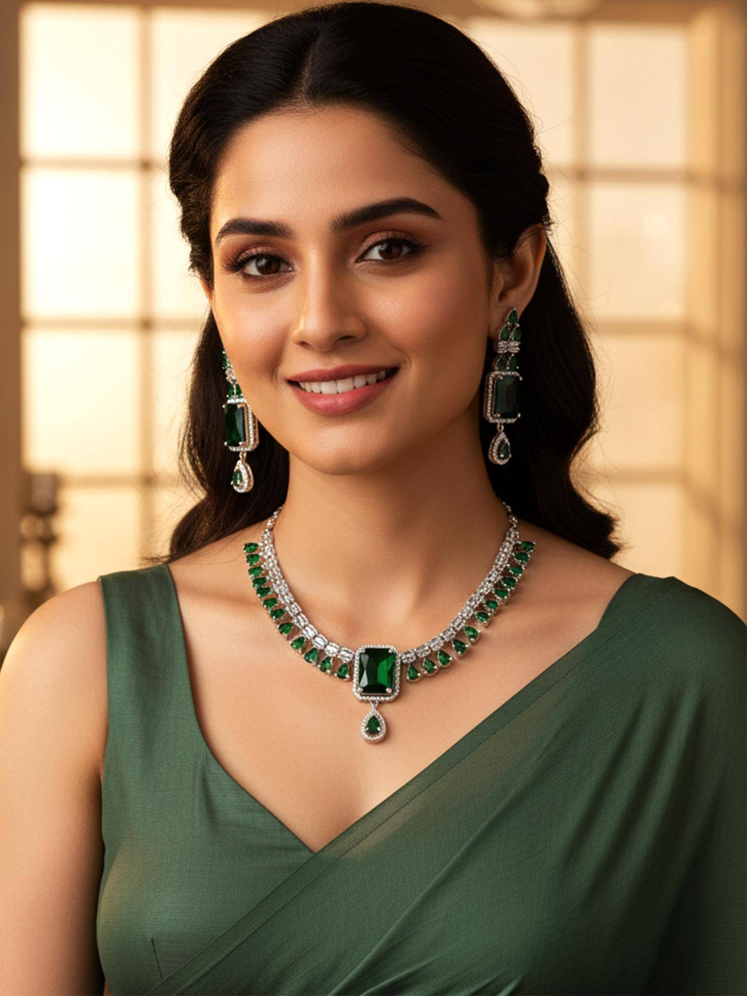 Karatcart Sparkling Green American Diamond Silver Plated Necklace With Earrings