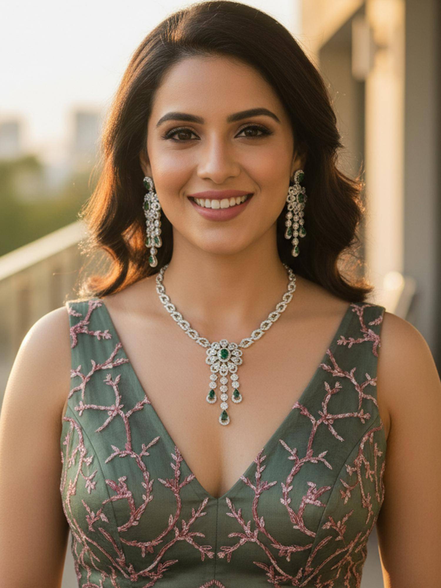 Karatcart Glamorous Green American Diamond Studded Floral Necklace With Earrings